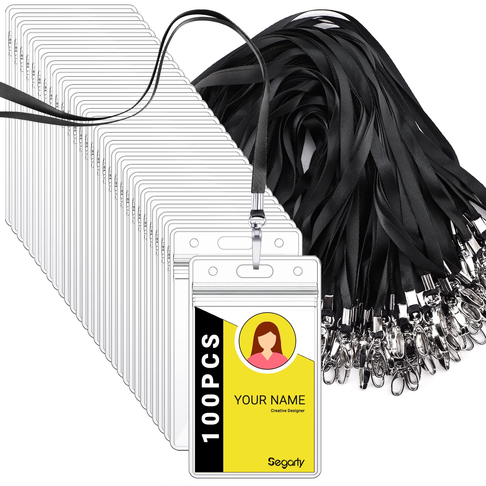 Segarty Lanyards with ID Holder, 100 Pack Vertical Clear Plastic Badge Name Tags Key Card Holders, Black Strap Clips Waterproof Ziplock Nametag