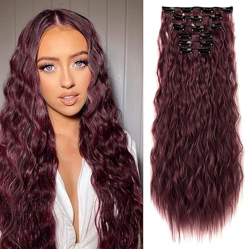 LONAI Extensiones de cabello con clip, 6 piezas rizadas de 24 pulgadas de largo, sintético, postizo para mujer, color burdeos