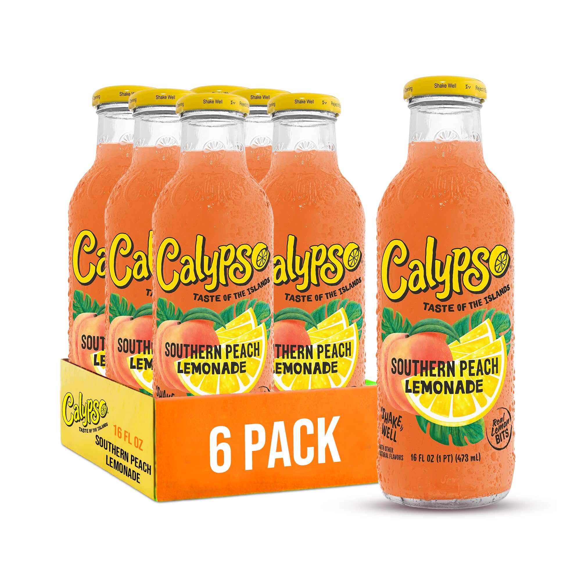 Calypso Lemonade, Southern Peach Lemonade, Made with Real Fruit, 16 Fl Oz Glass Bottles (Pack of 6)