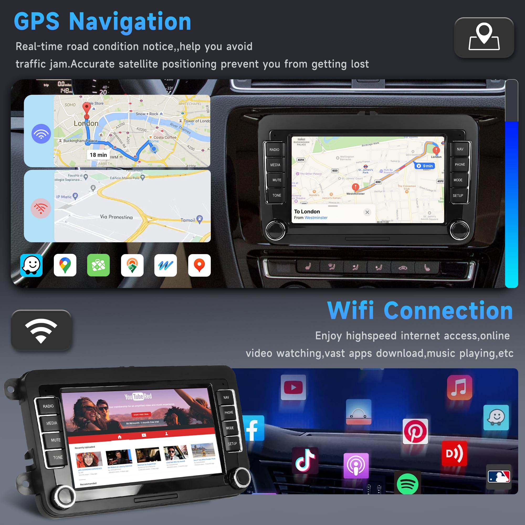 2G+64G Android Autoradio per VW Golf 5 6 Passat Polo Tiguan Touran Caddy Skoda Seat 7 Pollici Wireless Carplay Autoradio con Android Auto GPS Navi WiFi Bluetooth FM/RDS Telecamera Posteriore
