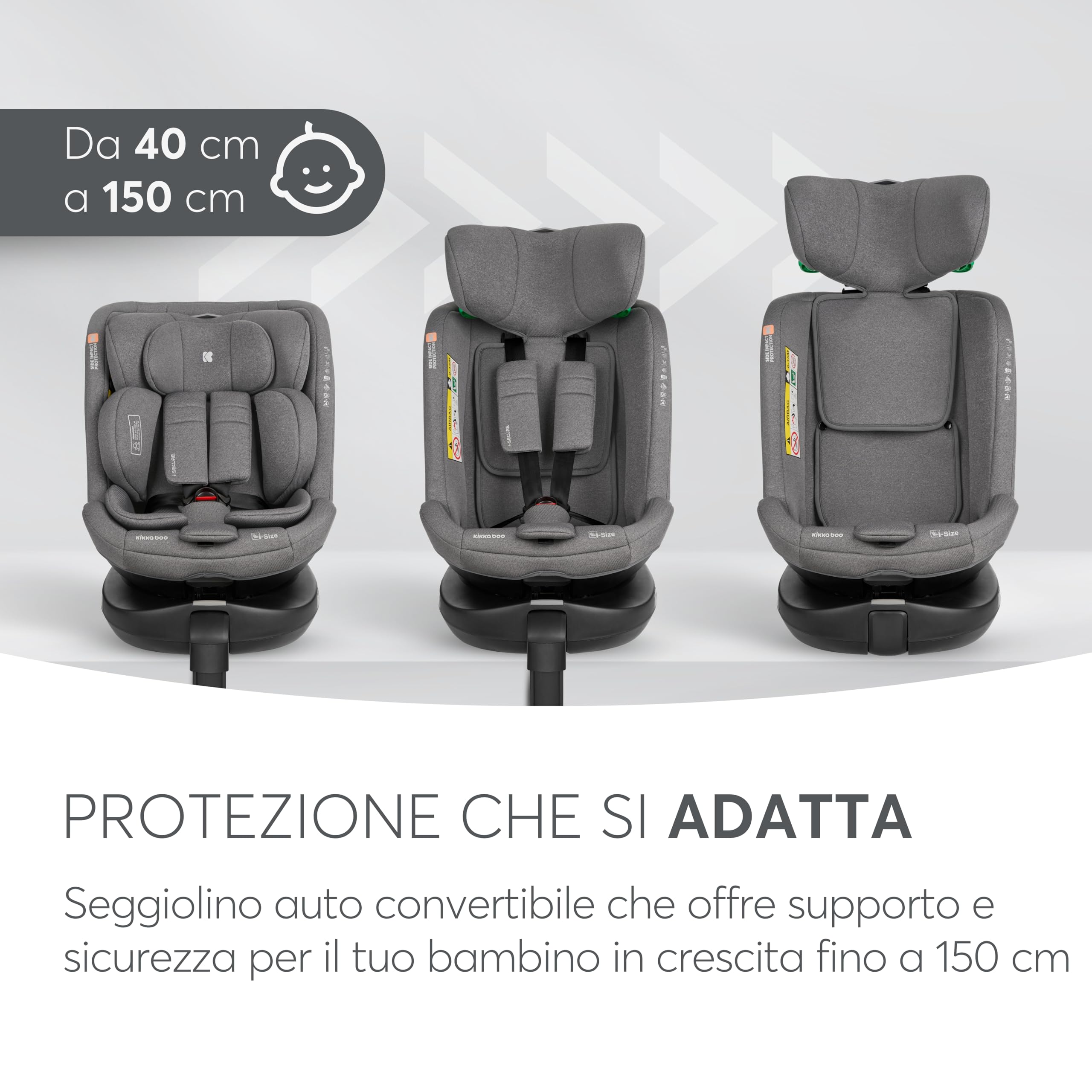 KikkaBoo Seggiolino Auto 0-36 kg i-SECURE, Gruppo 0 1 2 3, ISOFIX, i-Size, Rotante a 360º, 40-150 cm, Da 0 a 12 Anni, 12 Posizioni Poggiatesta, Grigio chiaro