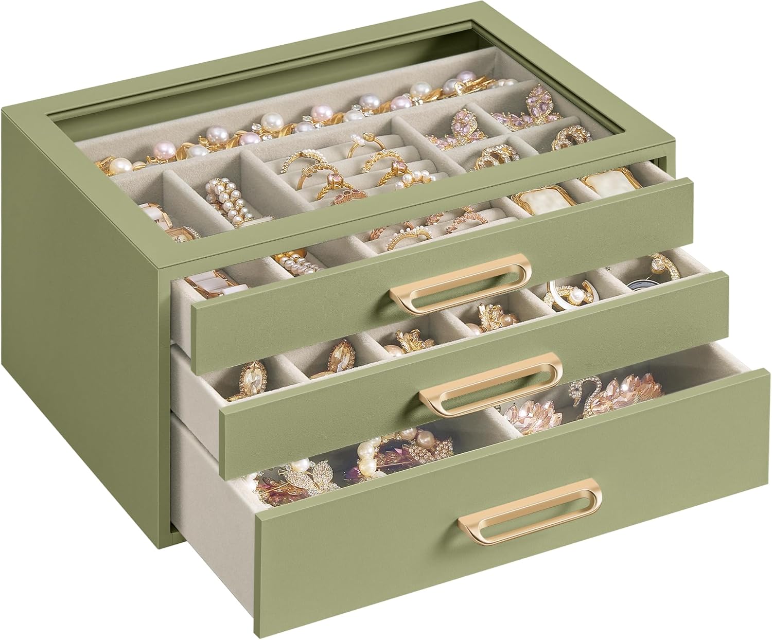 SONGMICS 3-Layer Jewelry Box with Glass Window, Jewelry Storage Organizer with 3 Drawers, Golden Handles, for Rings, Earrings, Bracelets, Gift Idea, Sage Green, 6.3 x 9.4 x 4.9 Inches UJBC206CE01S
