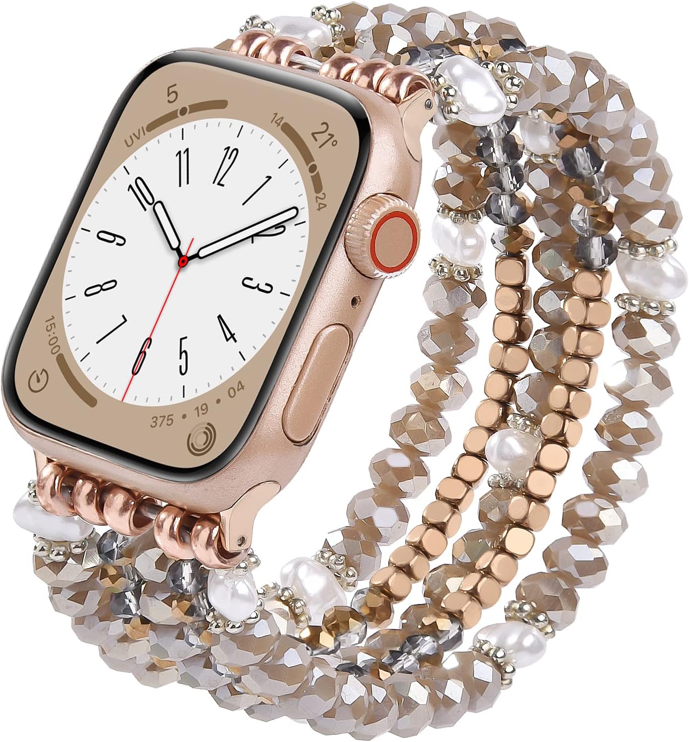Beaded Bracelet Compatible for Apple Watch Band for Women, Fashion Handmade Pearl Beads Elastic Stretch Strap for iWatch Series 8/7/SE/6/5/4/3/2/1 Rose Gold