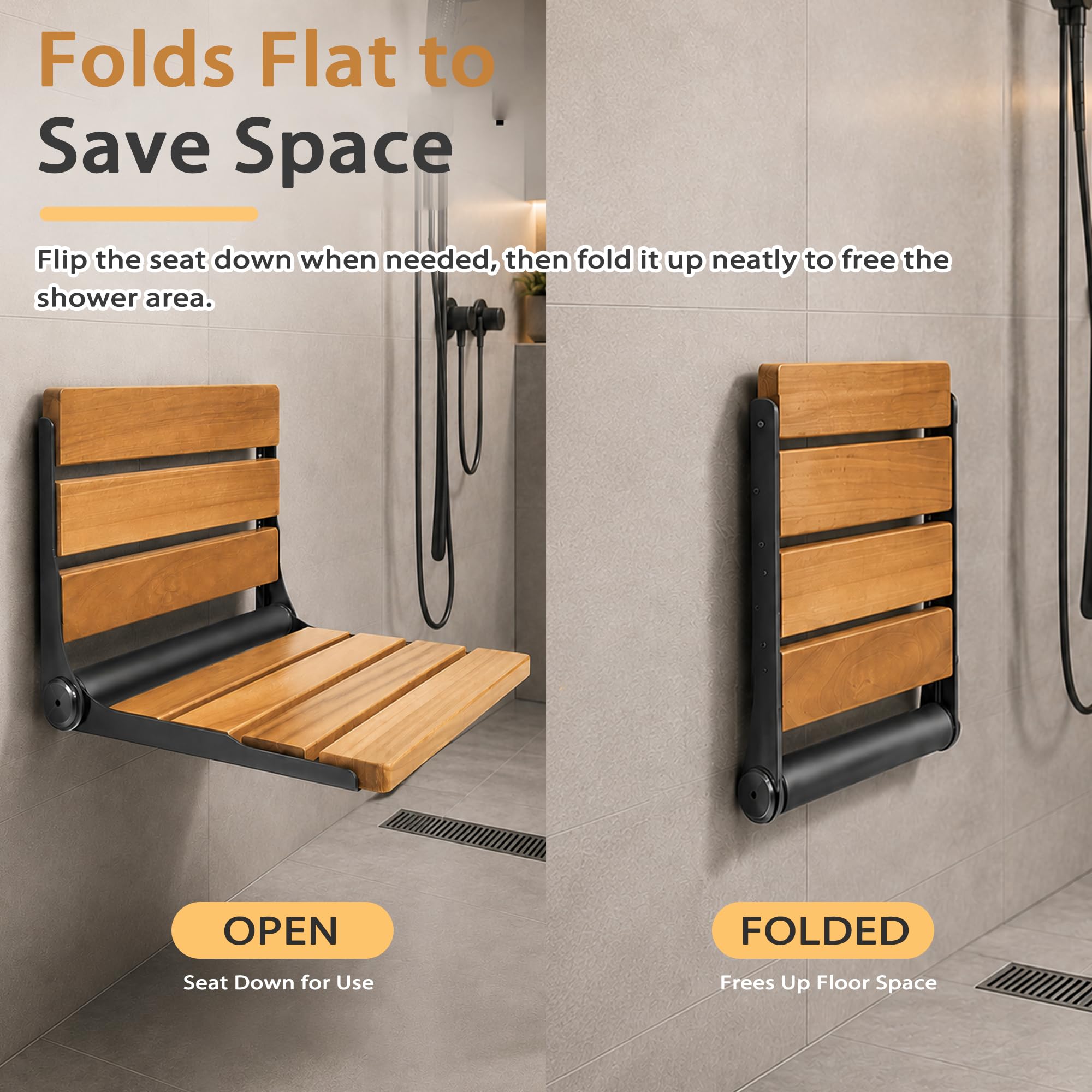 Bathla - Asiento de Ducha Plegable de Teca, Muebles de Seguridad de Acero Inoxidable, Asientos de Ducha para Ancianos, Asiento de Ducha Plegable, Color Negro