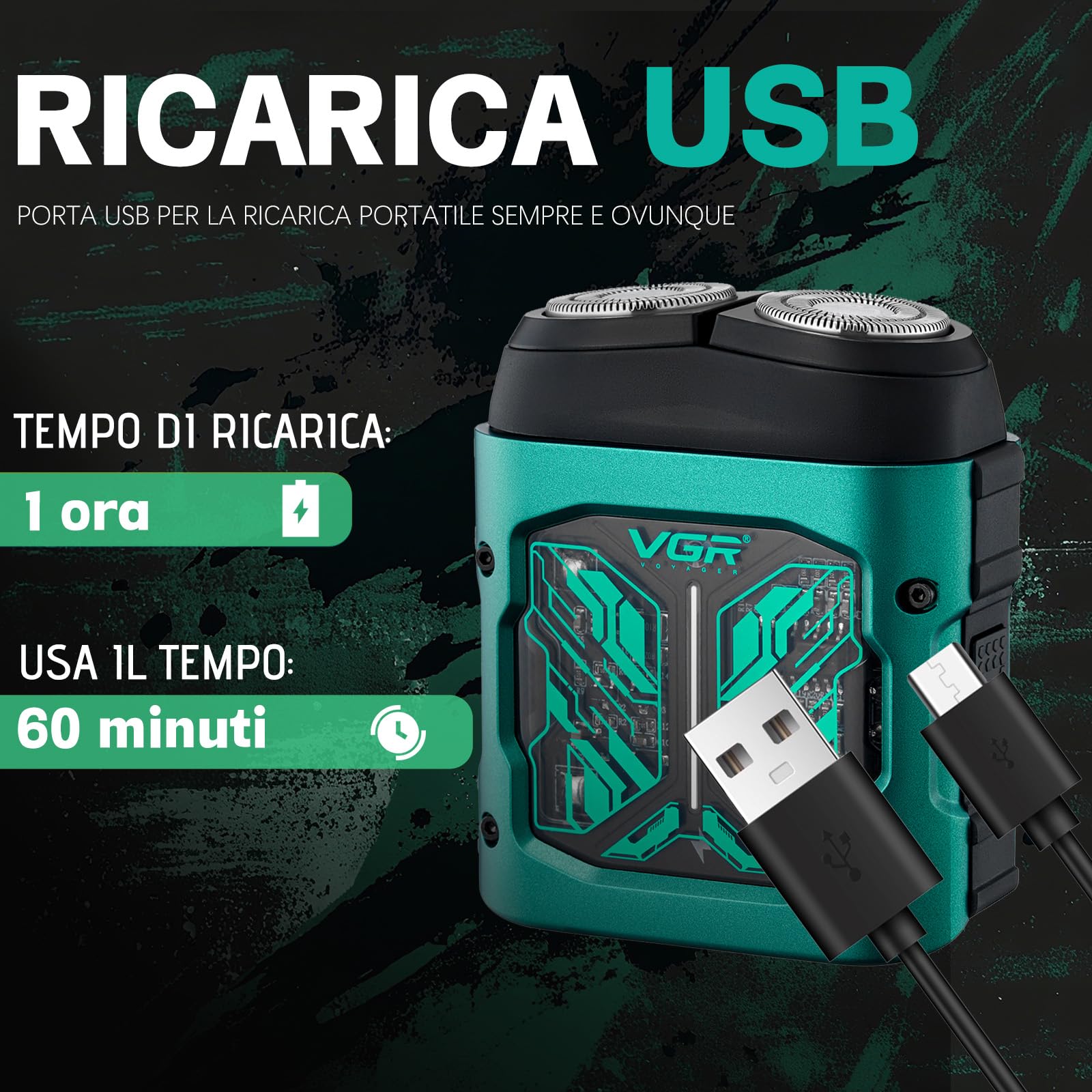 VGR 344 Mini Rasoio Elettrico Portatile da Uomo, Rasoio da Viaggio Uomo con Doppia Testina Girevole Magnetica, Viene Fornito con Borsa Portaoggetti, Impermeabile IPx6, Ricarica USB, Verde