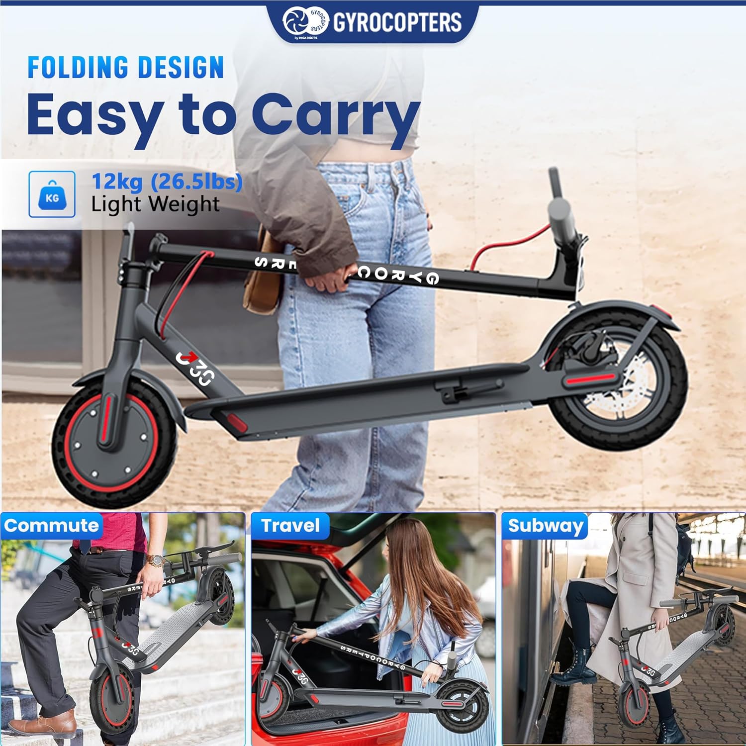 Person carrying a folded Gyrocopters J30 electric scooter
