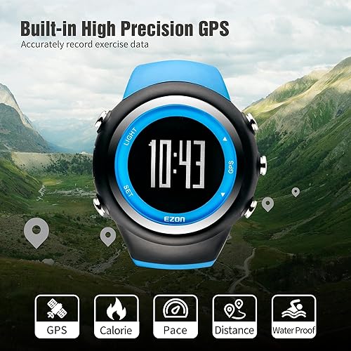 Vista 2 de EZON Reloj GPS para correr con alarma de ritmo de distancia, contador de calorías y cronómetro para hombres (azul)