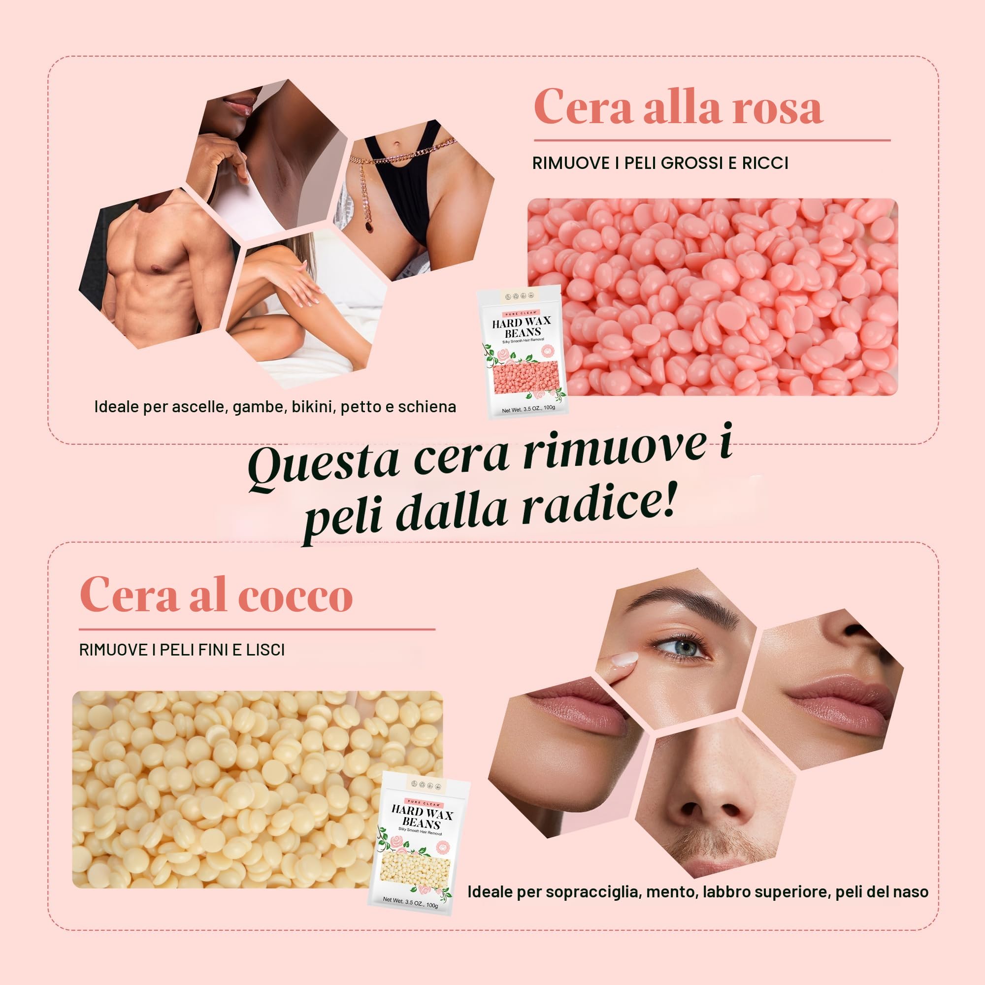 PURECLEAN Digitale Cera Brasiliana - 4 Confezioni di Perle di Cera, Lozione Post-Ceretta, Ciotola in Silicone - 54 Articoli per Tutti i Tipi di Capelli - Viso, Bikini, Corpo Completo