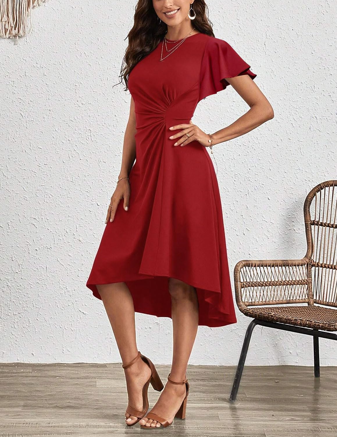 Vestido Mujer Elegante Verano Manga Corta Pliegue en la Cintura Vestido A-línea Coctel Vestidos de Boda Invitada