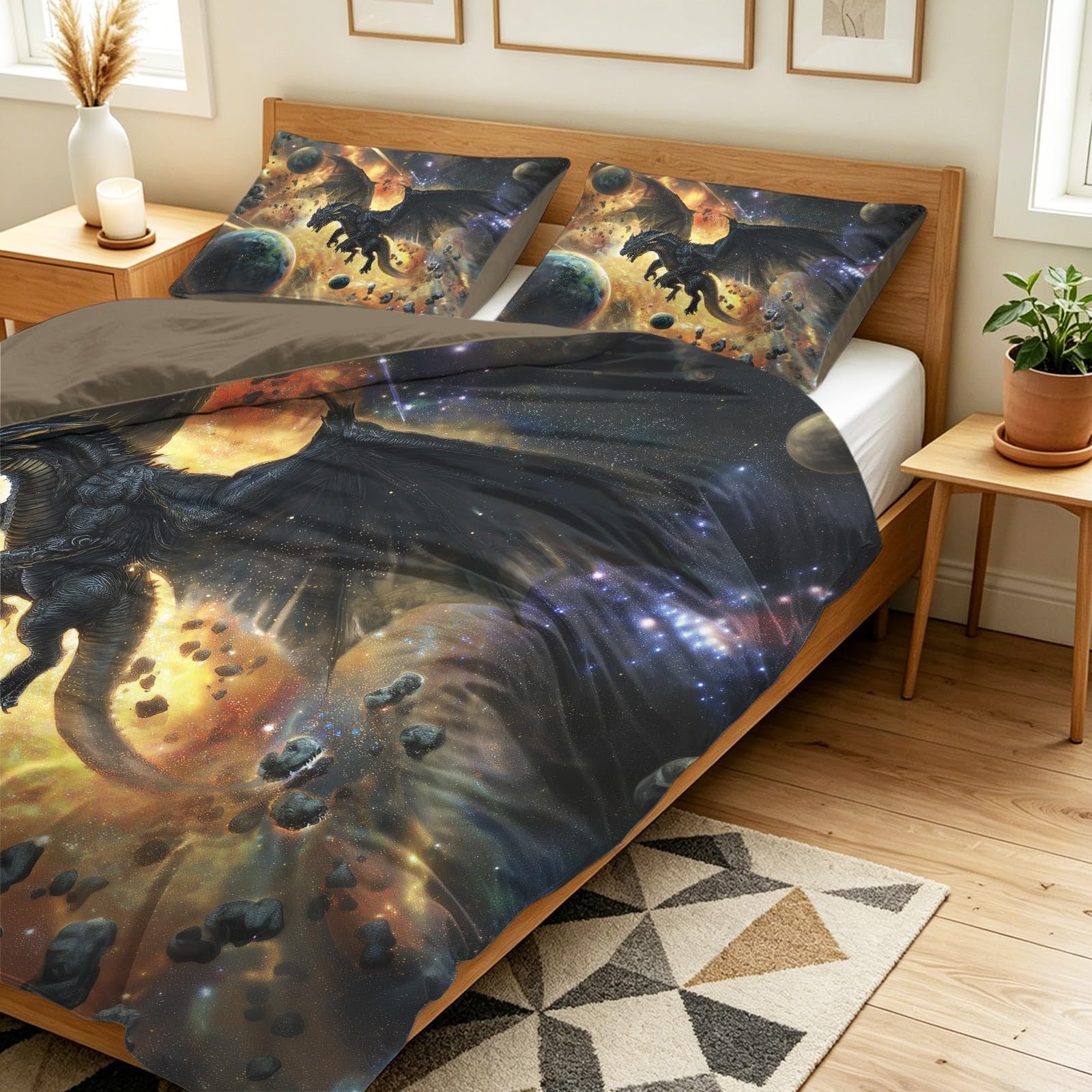 Zestaw poszewek na kołdrę, Easy Care Bedding Bedding Bed Set Double Size 79" x 79", Fantasy Cool Gaming Universe Mysterious Space Planets Dragon Duvet Covers with 2 Matching Pillowcases 50 x 75 cm for