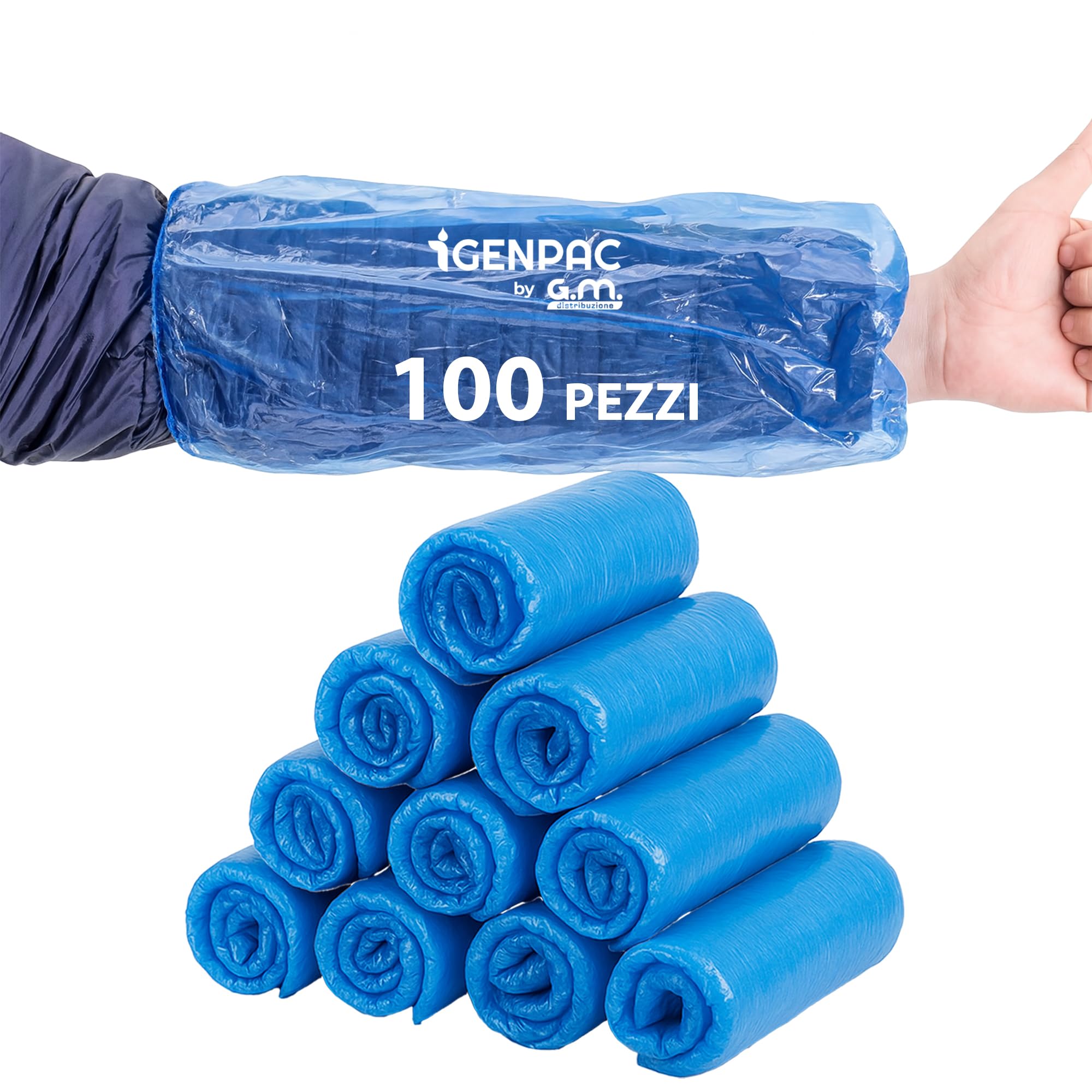 GM 100 Manicotti Braccia in Polietilene Blu mis. 40x20 cm, Extra Forte, Copribraccio con Elastico su Entrambe le Aperture, coprimaniche monouso Lavoro, Copri Braccia per Uomo/Donna