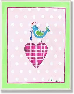 The Kids Room by Stupell Blue Bird Perched on Pink Plaid Heart Rectangle Wall Plaque