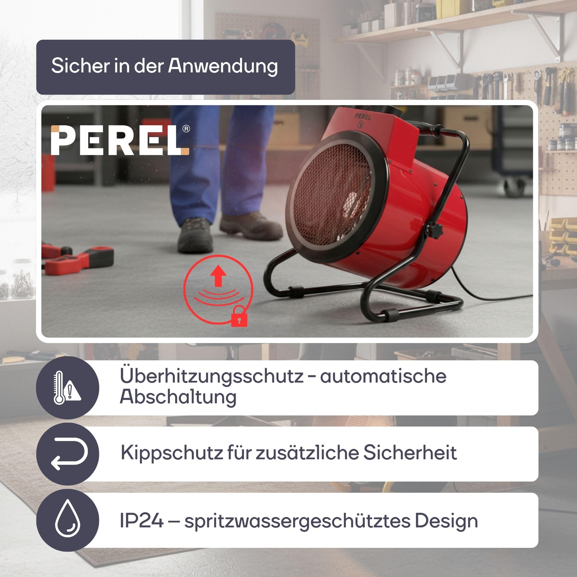 Perel Elektrischer Heizlüfter 3000W, 2 Heizstufen, Thermostat und Kühlfunktion, IP24, Überhitzungs- und Kippschutz, kompakter tragbarer Heizstrahler für Werkstatt, Garage oder Schuppen