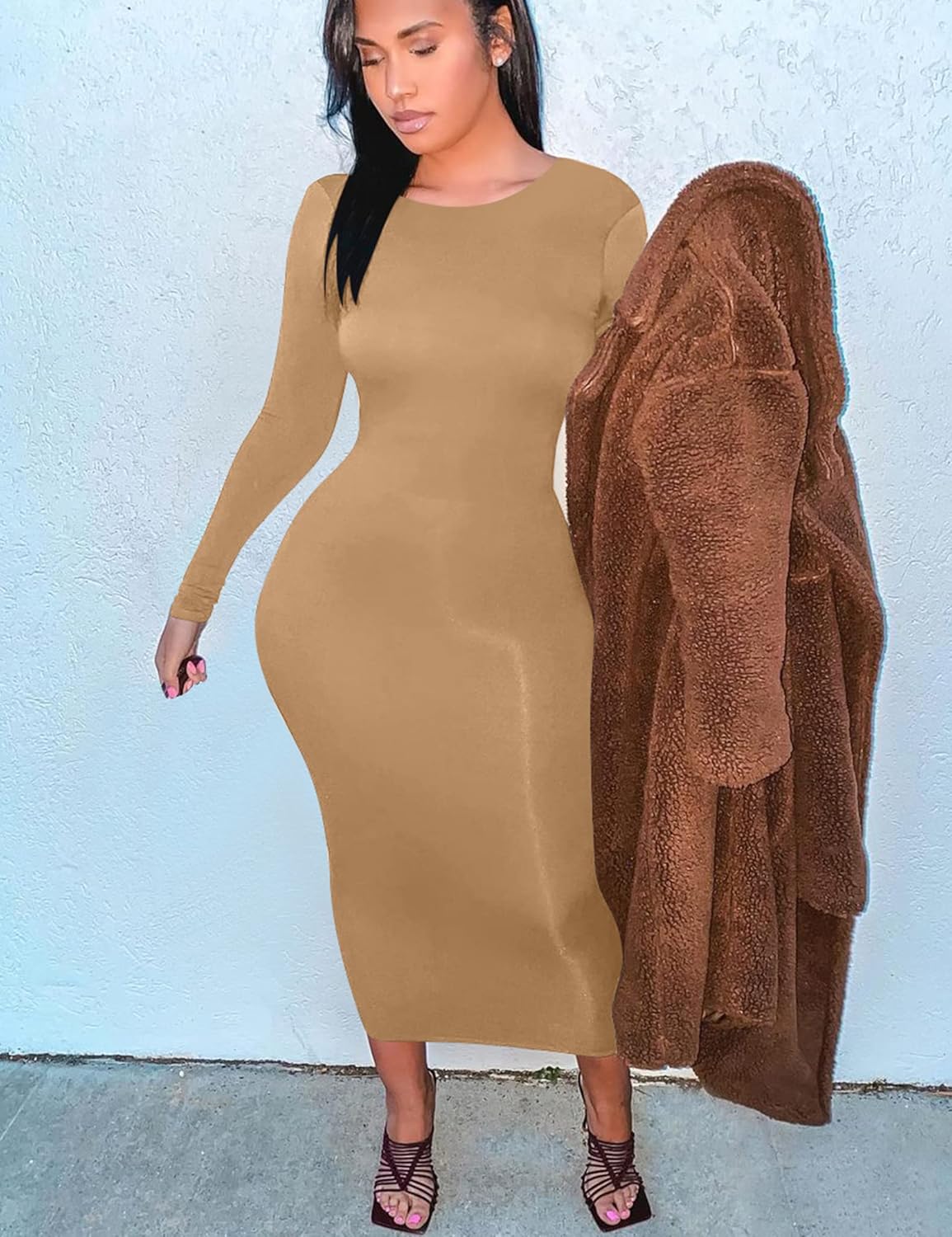 Mokoru Women's Casual Bodycon Long Sleeve Sexy Tight Club Party Midi Pencil Dresses - Image 5