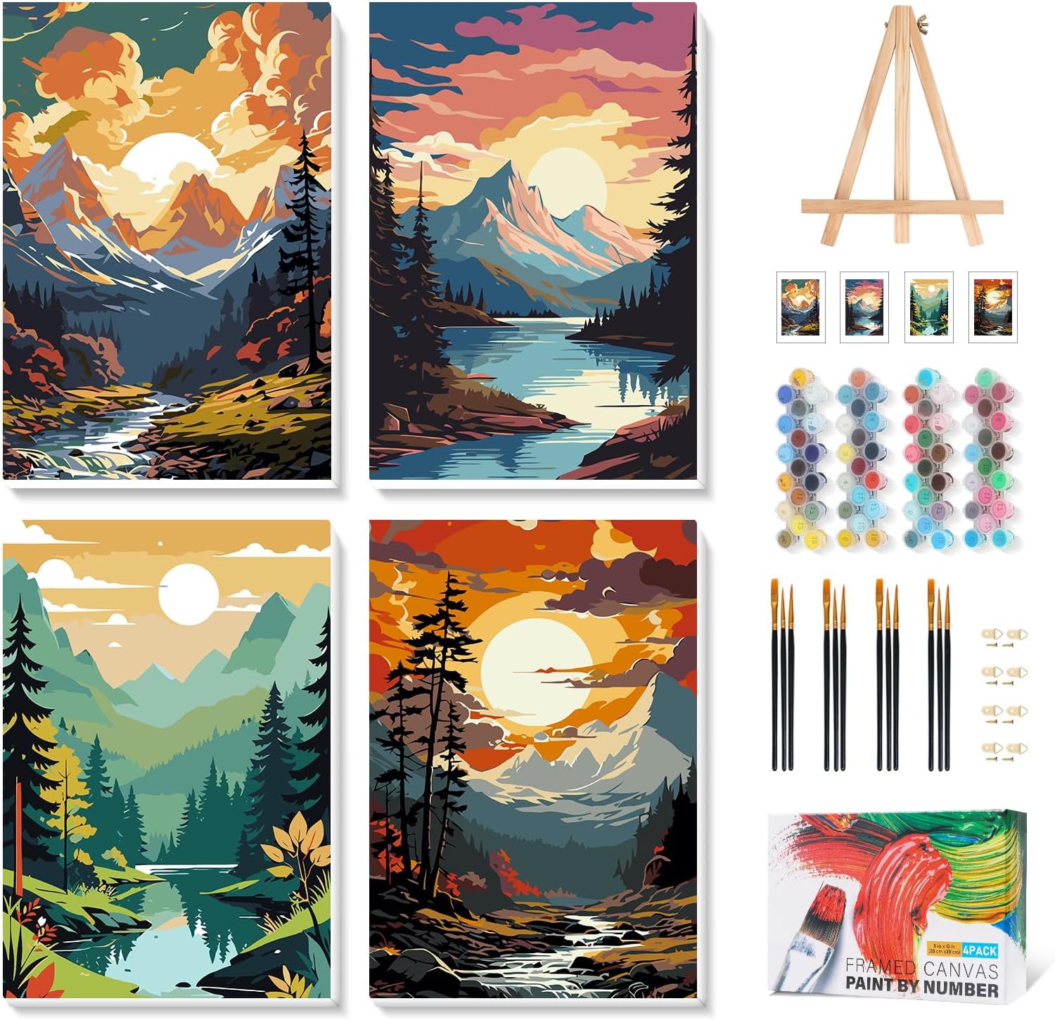 4 Pack Framed Paint by Numbers Kit for Adults with Wooden Easel, Landscape Sunset Paint by Numbers with Frame for Beginner, Mountains Lake Adult Paints by Number Kits on Canvas Framed 8 x 12 Inch
