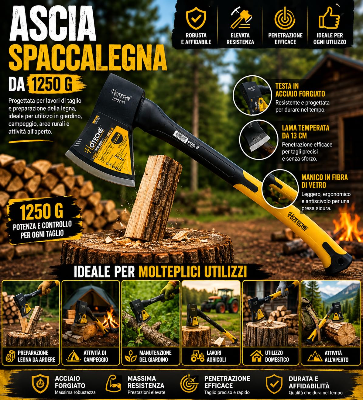 Mazza Accetta Spaccalegna 1250 g Manico 80 cm ABS Antiscivolo Ascia Legna Acciaio Forgiato Lama Temperata 13 cm