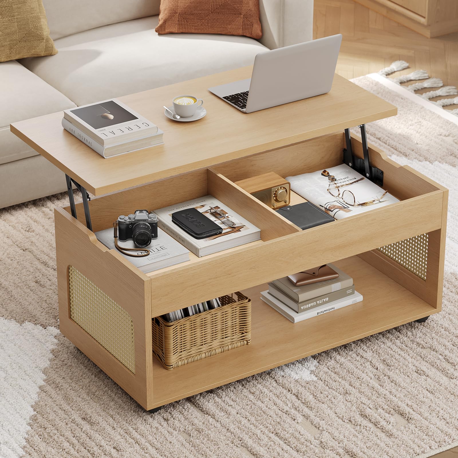 Sikaic Lift Top Coffee Table with Storage Boho Rattan Convertible Coffee Tables with Lockable Wheels Hidden Compartment and