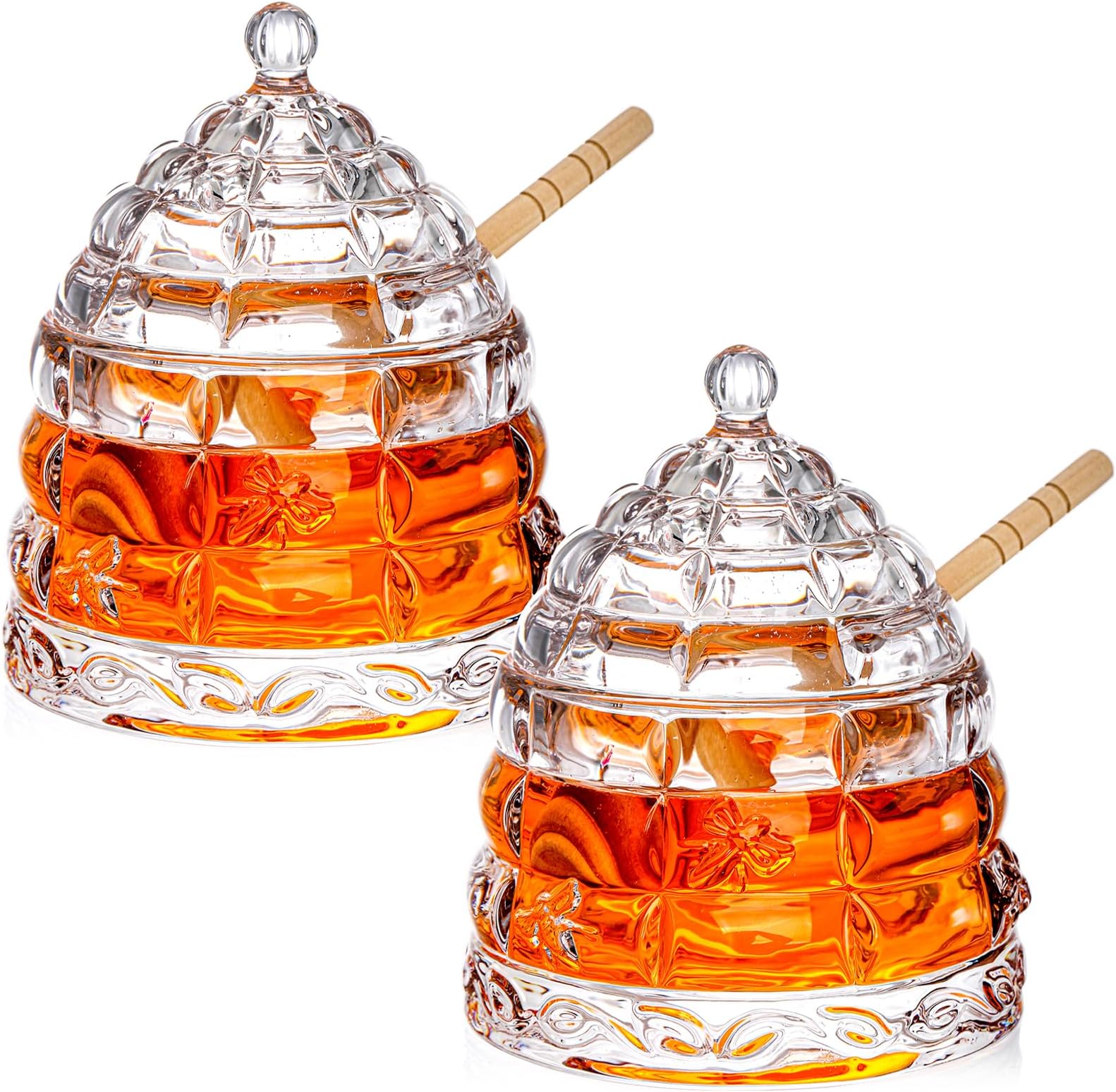 Hacaroa 2 Pack 10 Oz Glass Honey Pot with Lid and Wooden Dipper, Clear Honey Jar Beehive Honey Dish Dispenser Container for Jam Jelly, Home Kitchen, Wedding Gifts, Candlesticks, Barware