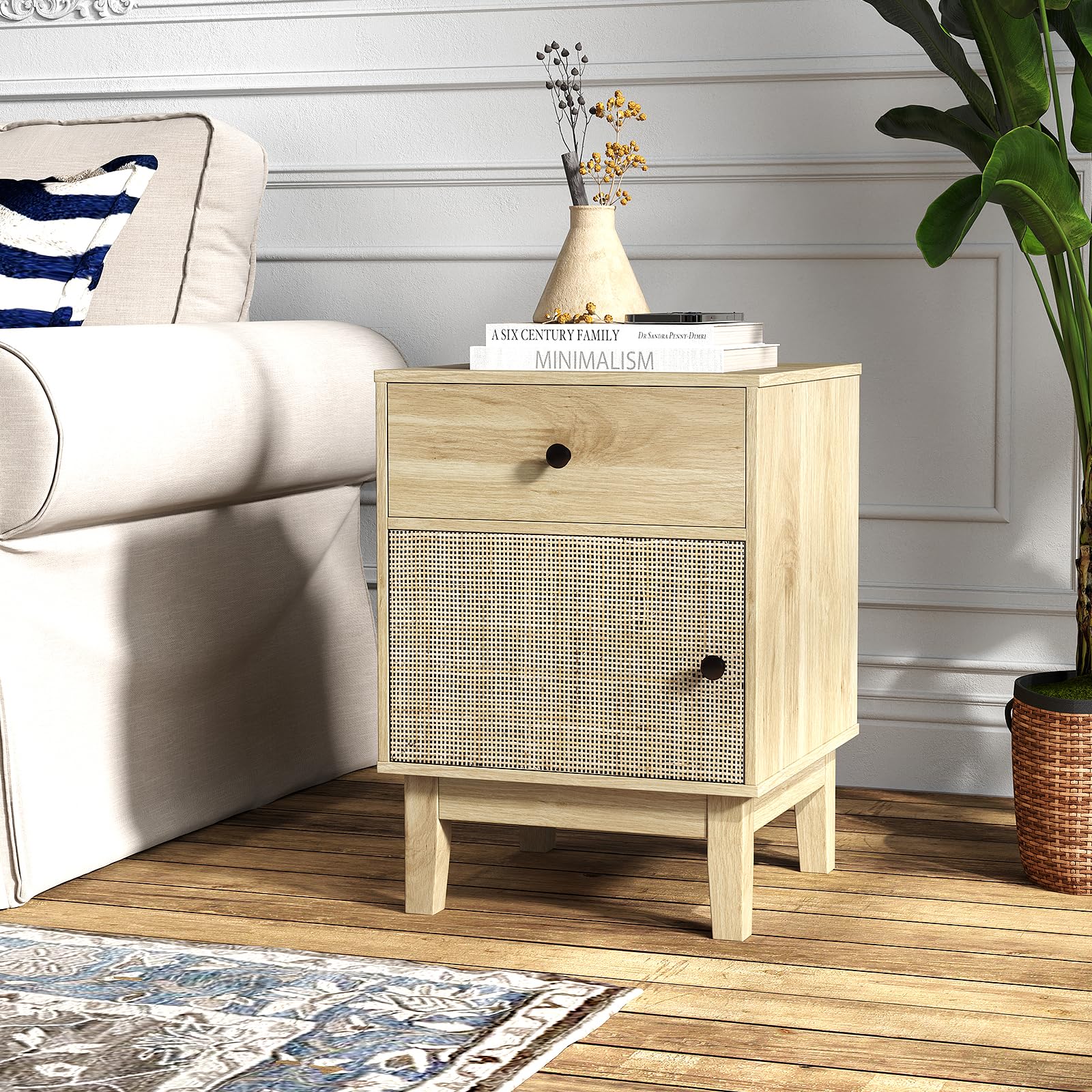 GIANTEX Table de Chevet Bohème, 1 Tiroir et 1 Porte Cannage, Table de Nuit en Rotin, Pied Antidérapant, Kit Anti-Basculement, 40 x 39 x 55 cm, Chevet de Lit Bois pour Chambre, Salon(Naturel)