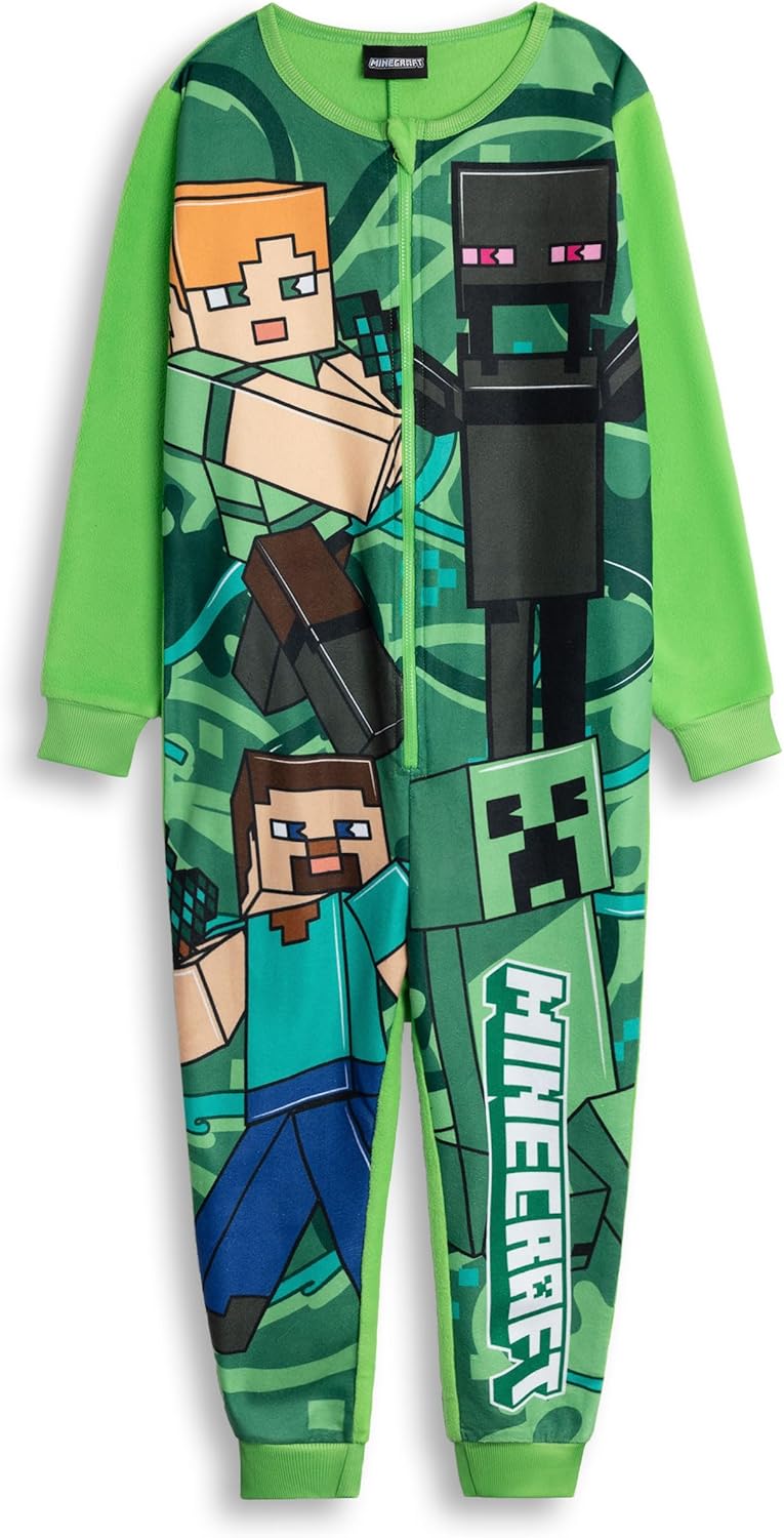 Minecraft Creeper Boys Green Zip-Up Onesie Long Sleeve Microfleece Sleepwear with Steve & Enderman Print Kids Gamer Nightwear