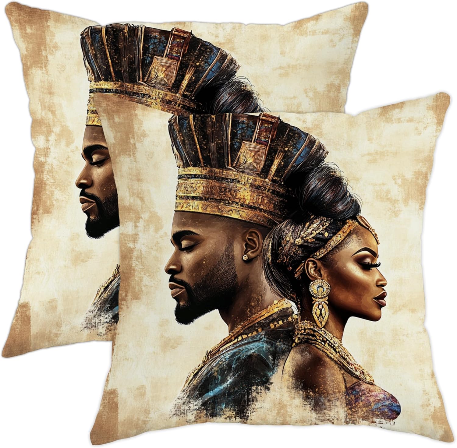 African Queen Throw Pillow Covers Set of 2, Elegant Gold and Black Decorative Cushion Cases, Cultural Inspired Home Decor for Sofa Couch Bedroom 26x26 Inch