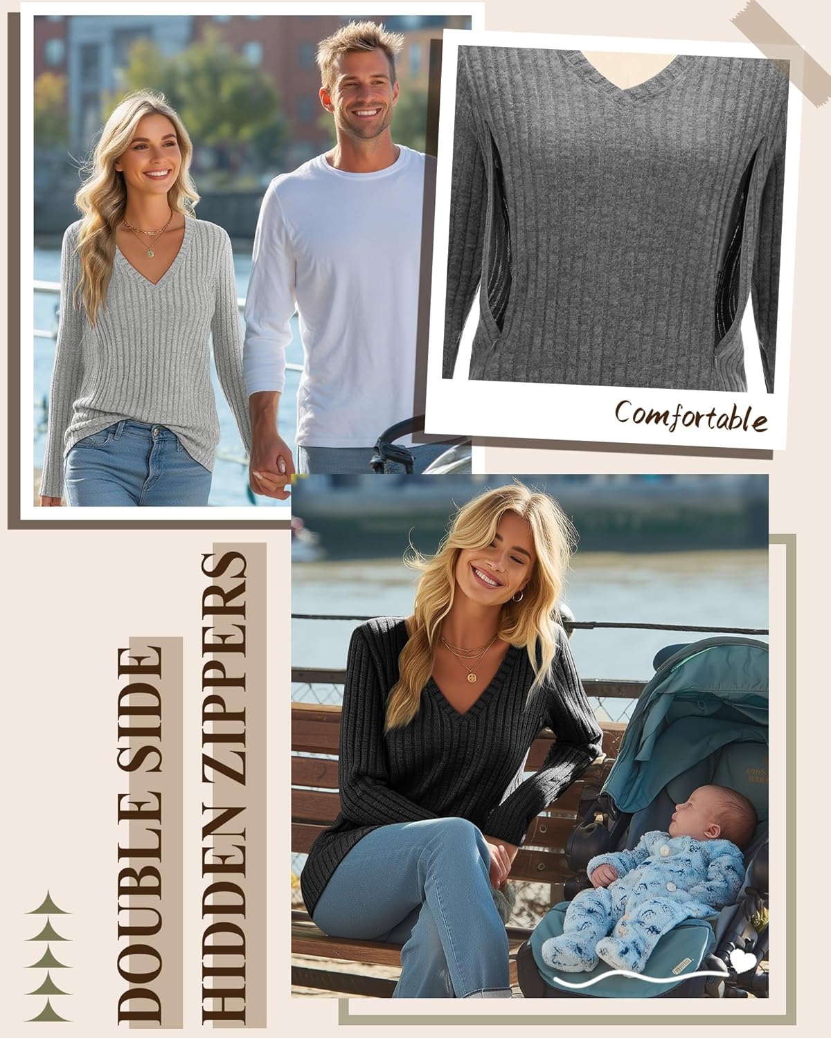 Oakgarden 3 Pack Women's Maternity Nursing Tops, V Neck Breastfeeding Sweaters Long Sleeve Hidden Zipper Shirts