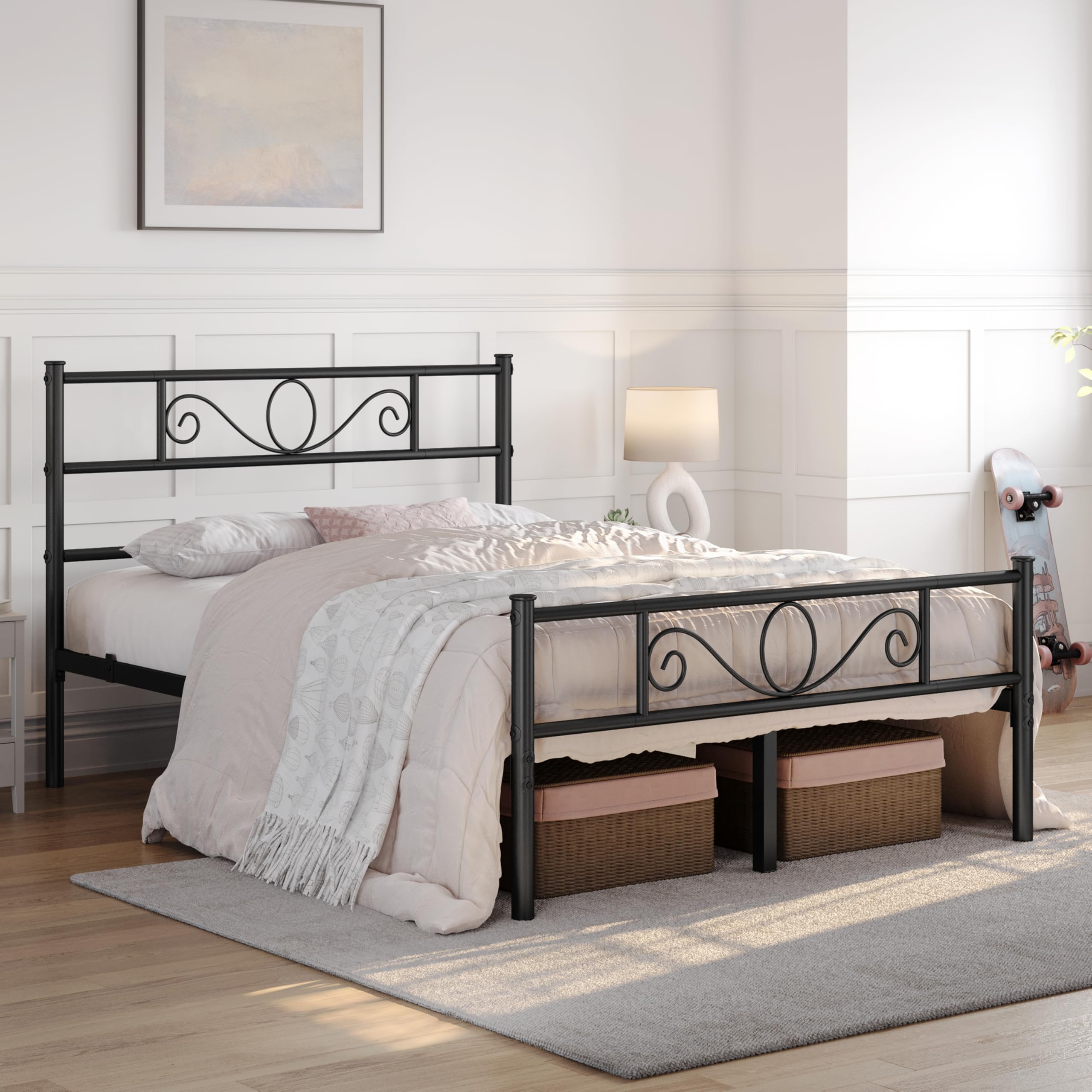 Yaheetech Cama Doble Hierro para Colchón de 135 x 190 cm Estructura Industrial de Metal Negro, Marco Base