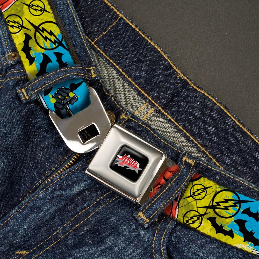 DC Comics Seatbelt Buckle Belt, Justice League Superhero Poses Scattered Logos