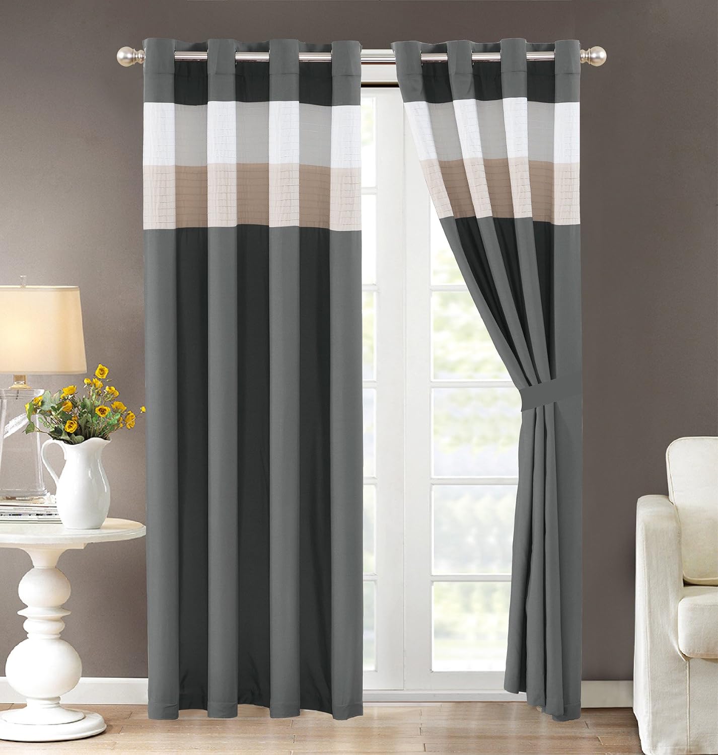 Grand Linen 4 Piece King Size Dark Grey/Light Grey/White Pin Tuck Stripe Regatta Down Alternative Comforter Set 104" X 90" Bedding