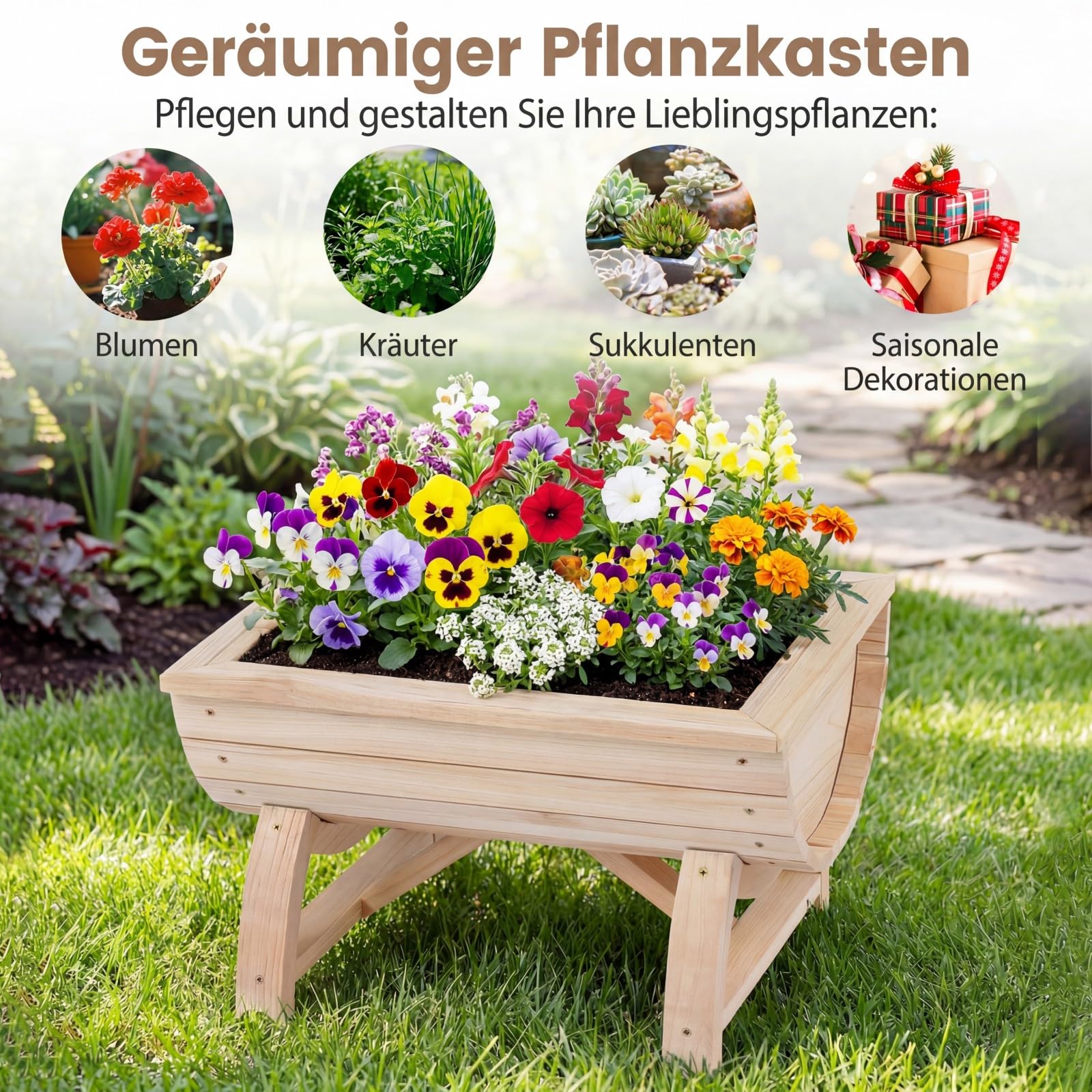 COSTWAY 2er Set Blumenkasten, Hochbeet aus Holz, halbes Blumenfass, Pflanzkasten mit Entwässerungsloch & Beinen, Pflanzfass Blumentopf Tannenholz, Gartendeko Outdoor, 39 x 30 x 24 cm, Natur