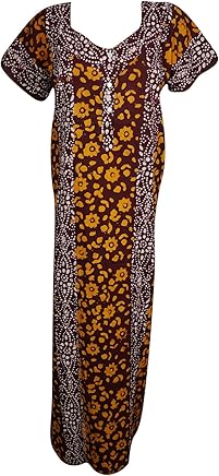 Mogul Interior Womens Caftan Nightgown Cotton Batik Print Button Front Casual Kaftan Maxi Dress L (Brown, Yellow 2)