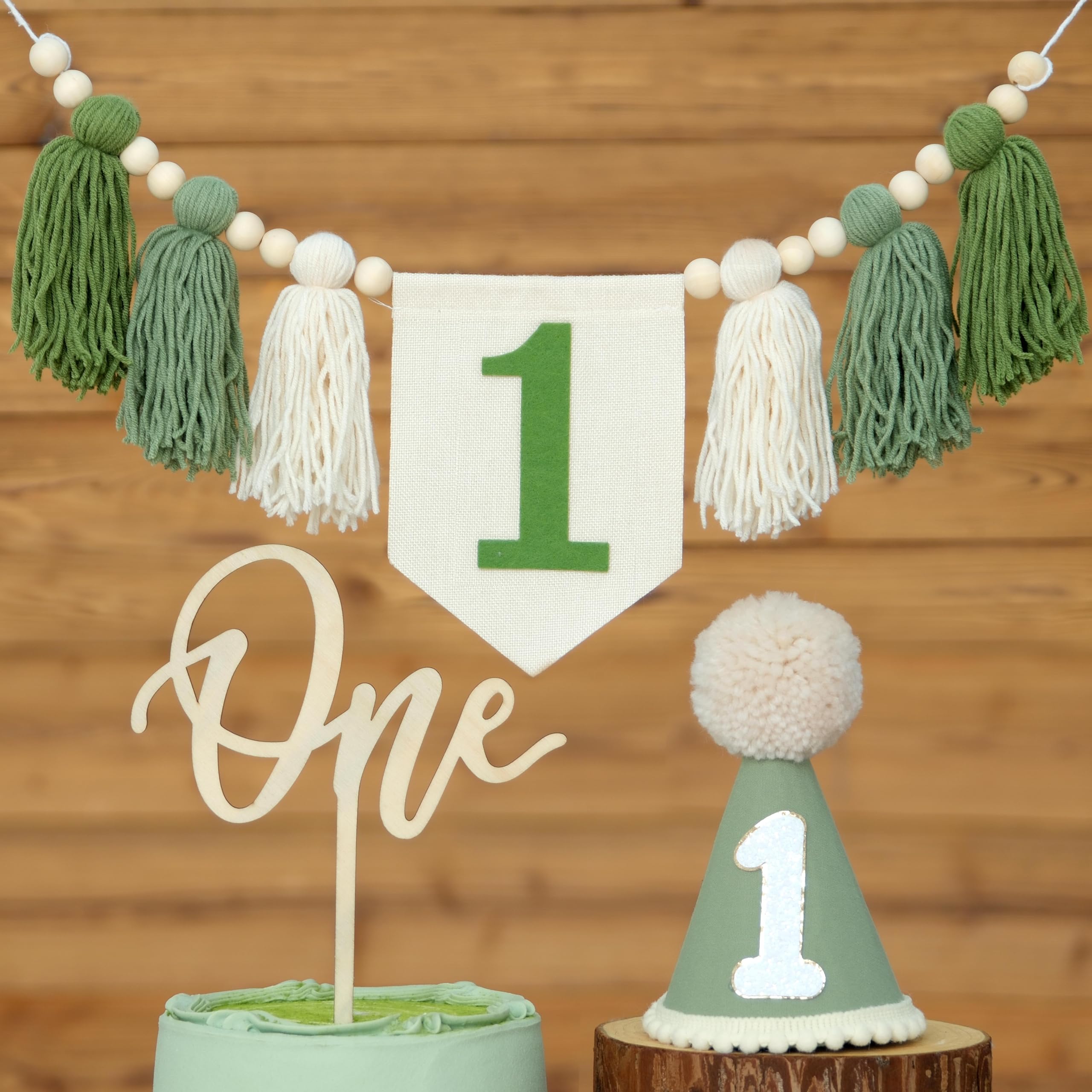 Ereniko Handmade Boho Green 1st Birthday High Chair Banner Decorations for Baby Boys First Birthday Hat With One Cake Topper Happy Birthday Photoshoot
