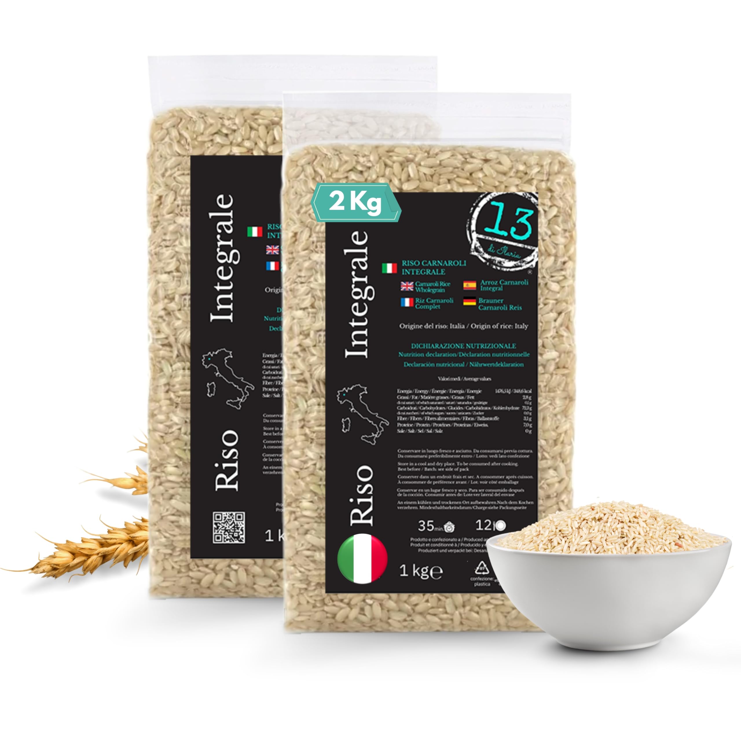 Riso Carnaroli Integrale Italiano 2 kg (2x1kg) – Chicchi Lunghi e Sodi, Ottima Tenuta in Cottura – Senza Glutine – Ideale per Risotti Integrali – 13 di Ilaria