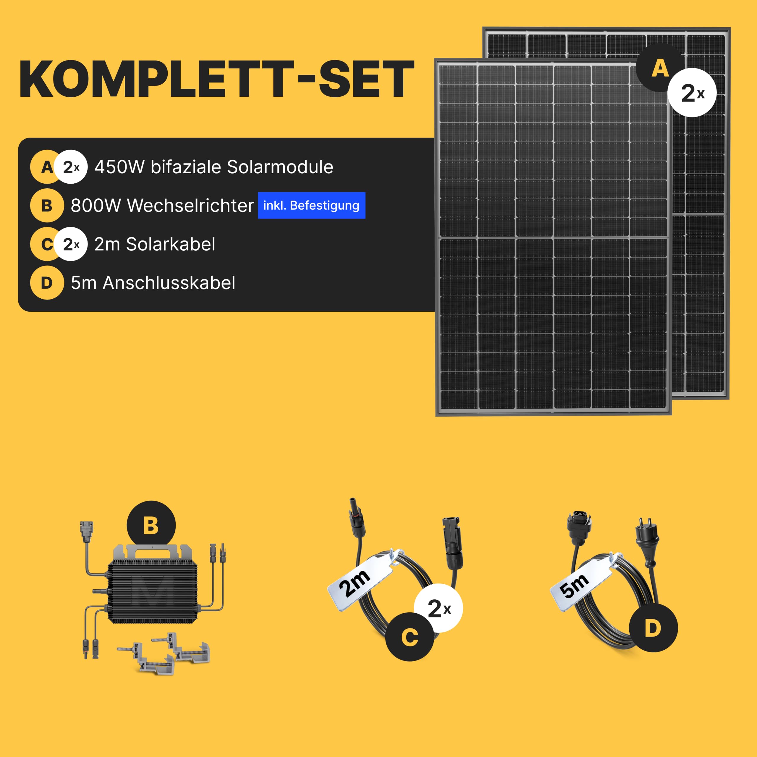 Solakon 900W Balkonkraftwerk - Balkonkraftwerk 800W komplett Steckdose - neuester 800 Watt Wechselrichter - Solaranlage Komplettset - 450W bifaziale Solarmodule inkl Zubehör - 5m Kabel, Ohne Halterung
