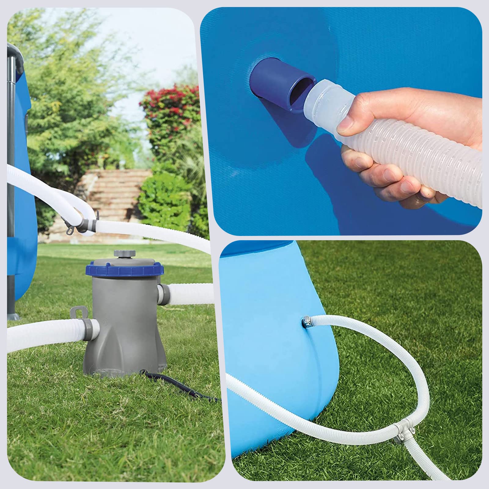 Lote de 4 mangueras de repuesto de piscina, con 8 conectores roscados de metal, para manguera de succión bomba de piscina fuera, tubos de piscina Ø 32 mm, (longitud 1,5 m, blanco)