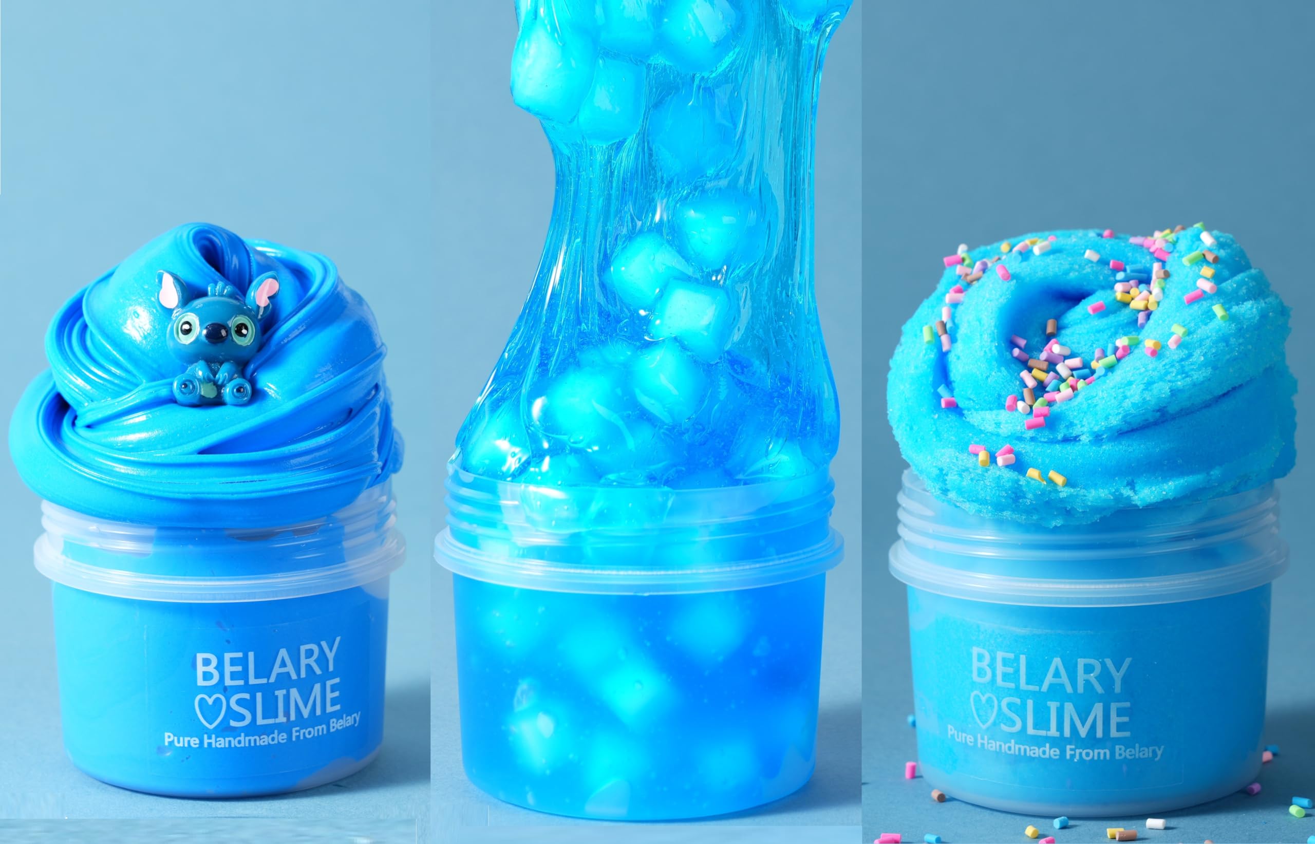 Premade Crystal Slime Blue Peach Jelly Cube Glimmer Crunchy Slime, Blue Clear Slime + Blue Ice Slime + Blue Crunchy Slime, Super Soft Non Sticky, Party Favors Slime Kit for Girls 10-12