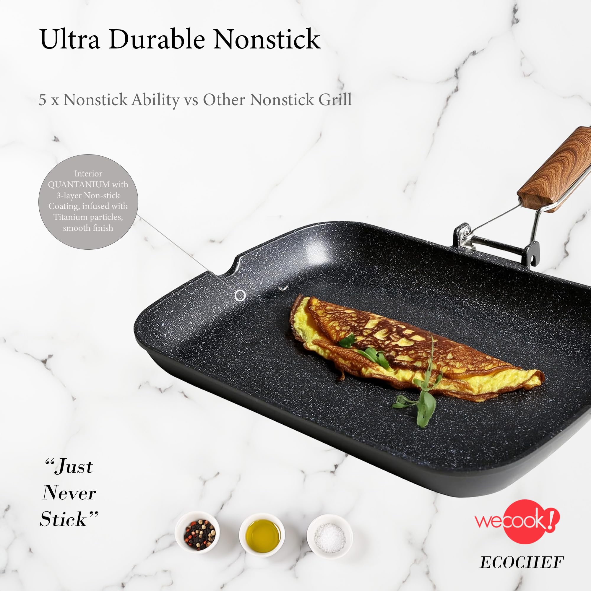 WECOOK! Ecochef Titanio Bistecchiera Liscia, Induzione, 34x24cm, Antiaderente QUANTANIUM Ecologico senza PFOA, Alluminio Fuso, 5mm di Spessore, Manico in Legno Pieghevole, Vitroceramica, Gas