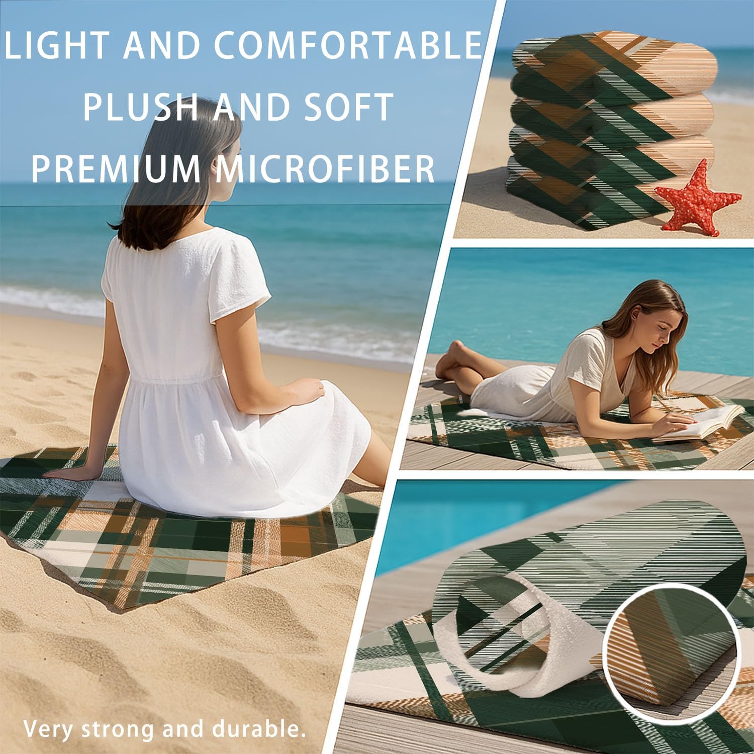 Serviette de Plage Microfibre 230 x 210 CM,Drap de Plage Classique, Rétro, Géométrique, Couverture de Plage Absorbante,Couverture de Bain Vichy Classique, Rayures, Grille