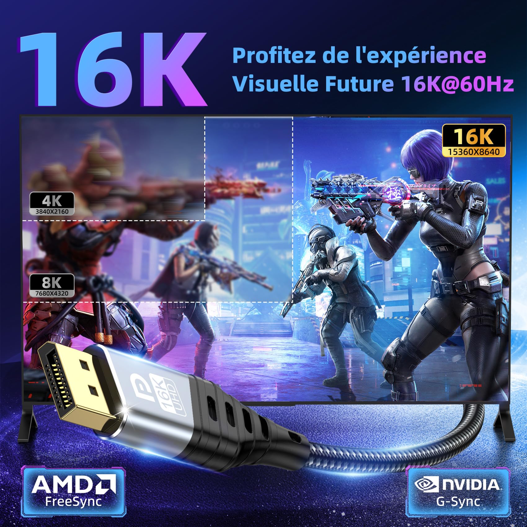 Câble DisplayPort 2m 2.1, 16K Câble DP 16K@60Hz, 8K@120Hz, 4K@240Hz/165Hz/144Hz 80Gbps, HDR, FreeSync, G-Sync, DSC 1.2a, HDCP 2.2 pour Moniteur de Jeu, Carte Graphique