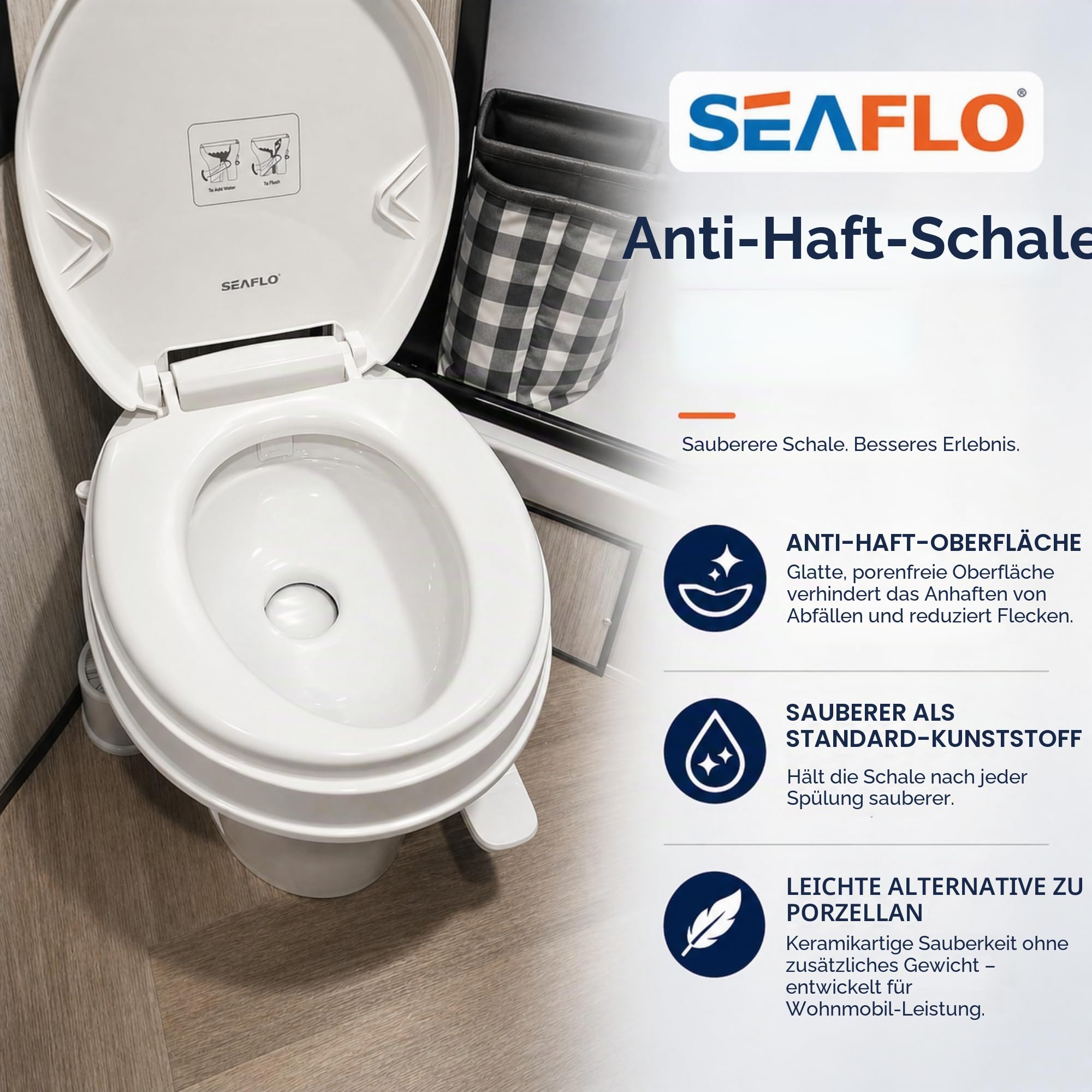 SEAFLO Wohnmobil-WC – Standardhöhe, Schwerkraftspülung, Fußpedal, sanft schließender Deckel