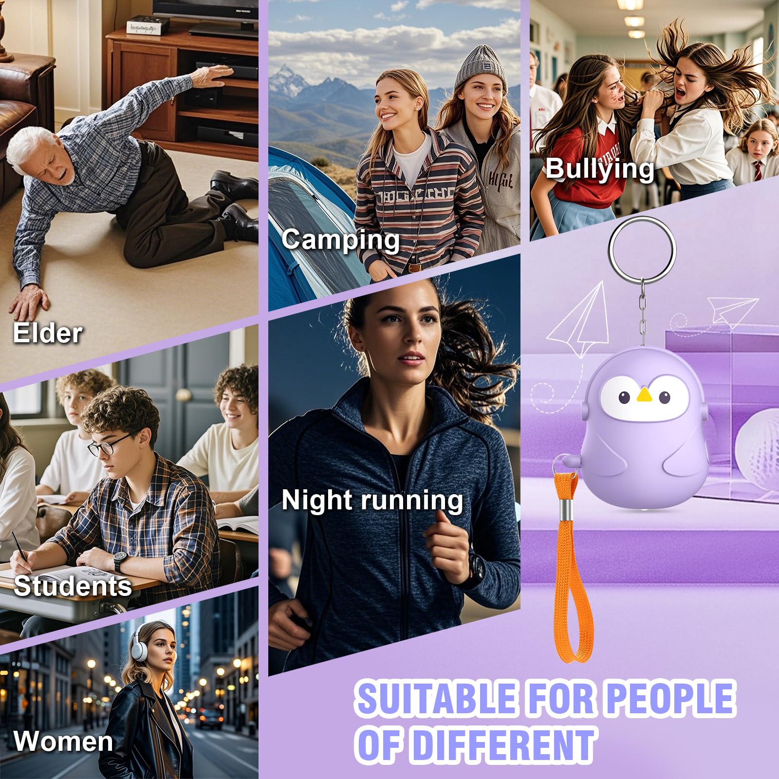 Alarma Personal 130 dB para Mujeres, Alarma de Emergencia para Defensa Personal, Llavero Antiviolación y Sirena con Luz LED para Hombres Ancianos Niños