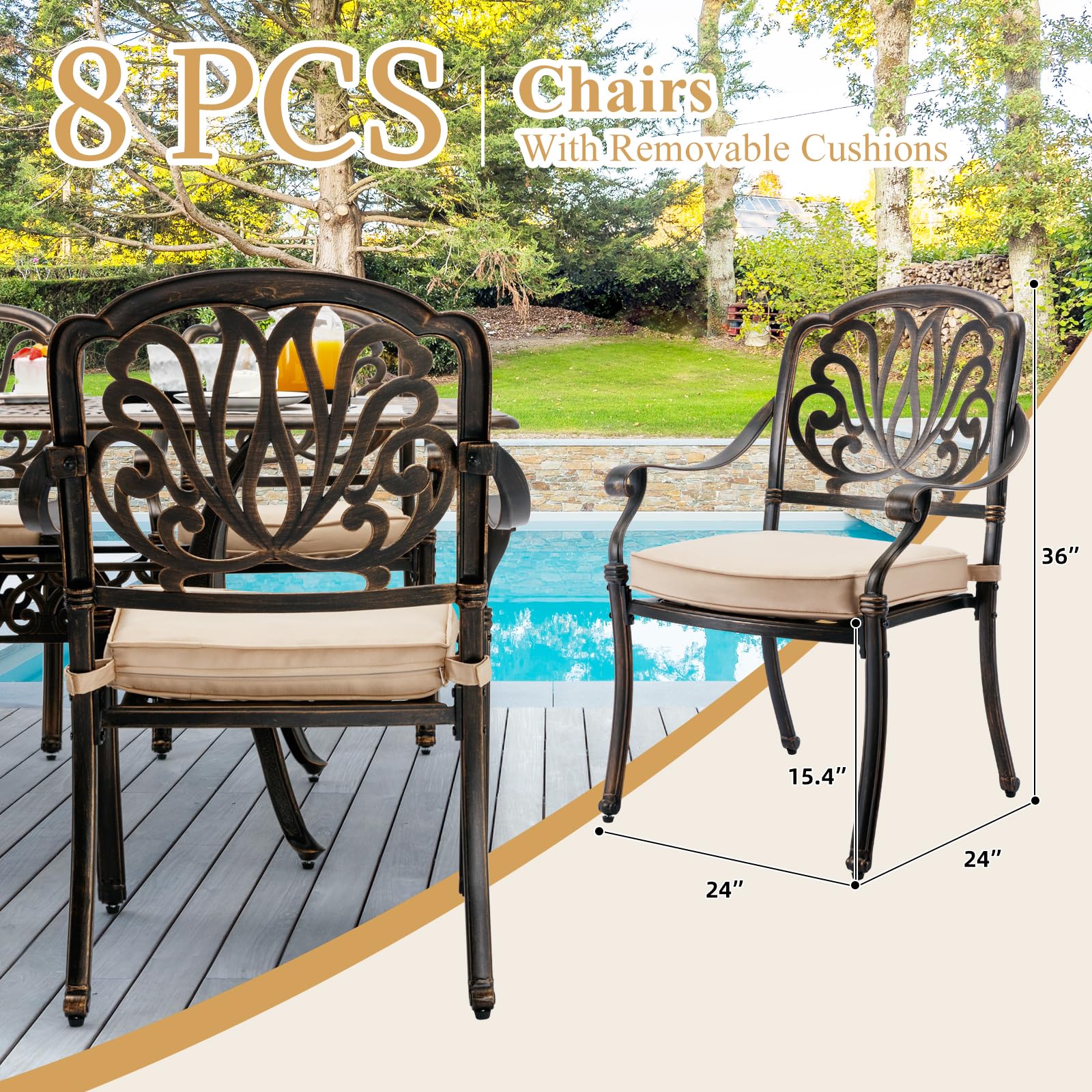 Amazon.com: Attliahome 9-Piece Cast Aluminum Outdoor Table and Chairs,  Classic Vintage Patio Dining Set for 8 Include 87\