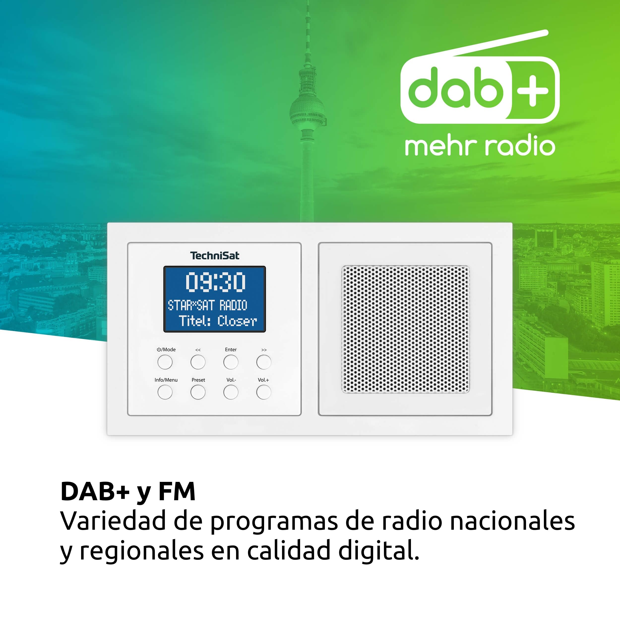 TechniSat DIGITRADIO UP 1 - Radio Dab+ Empotrable para su Instalación en Enchufes Dobles (Dab, FM, Bluetooth, Pantalla LCD Regulable, Despertador, Temporizador para Dormir, 2 Vatios RMS) Blanco