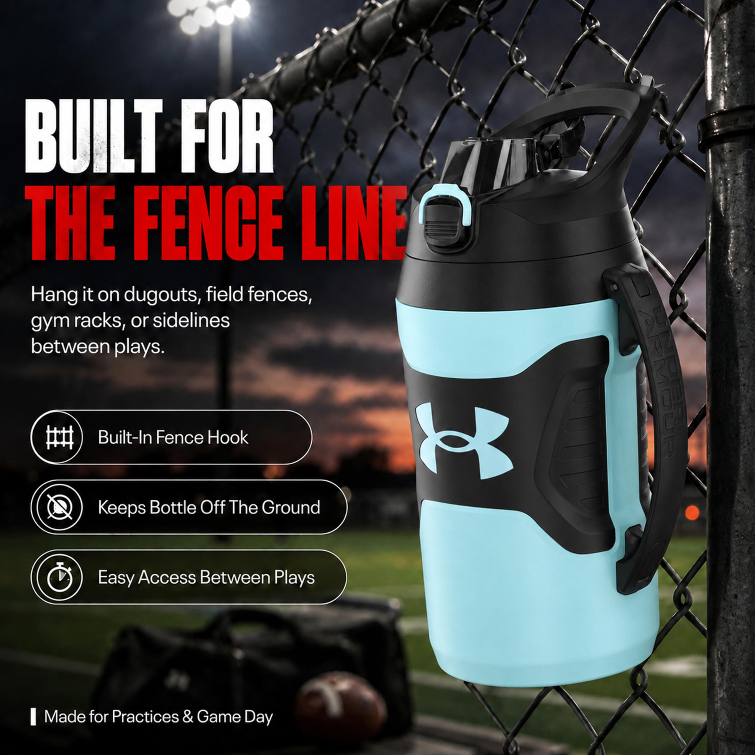 Under Armour Botella de agua de medio galón aislada, botella de agua aislada de 64 onzas con asa, jarra de agua deportiva, gancho de cerca, resistente a fugas, para béisbol, fútbol y más