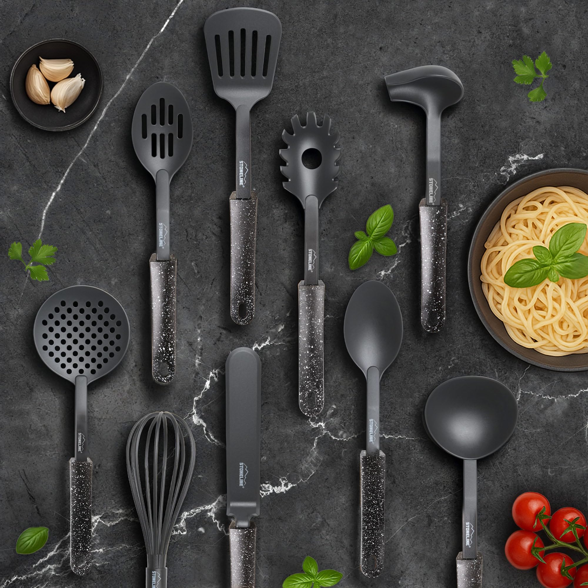 STONELINE Juego de 9 Utensilios de Cocina con Soporte Integrado al Mango, de Nylon Resistente al Calor para Ollas Sartenes Antiadherentes Utensilio Cocina Espátula Cucharón Varillas Cuchara Espumadera