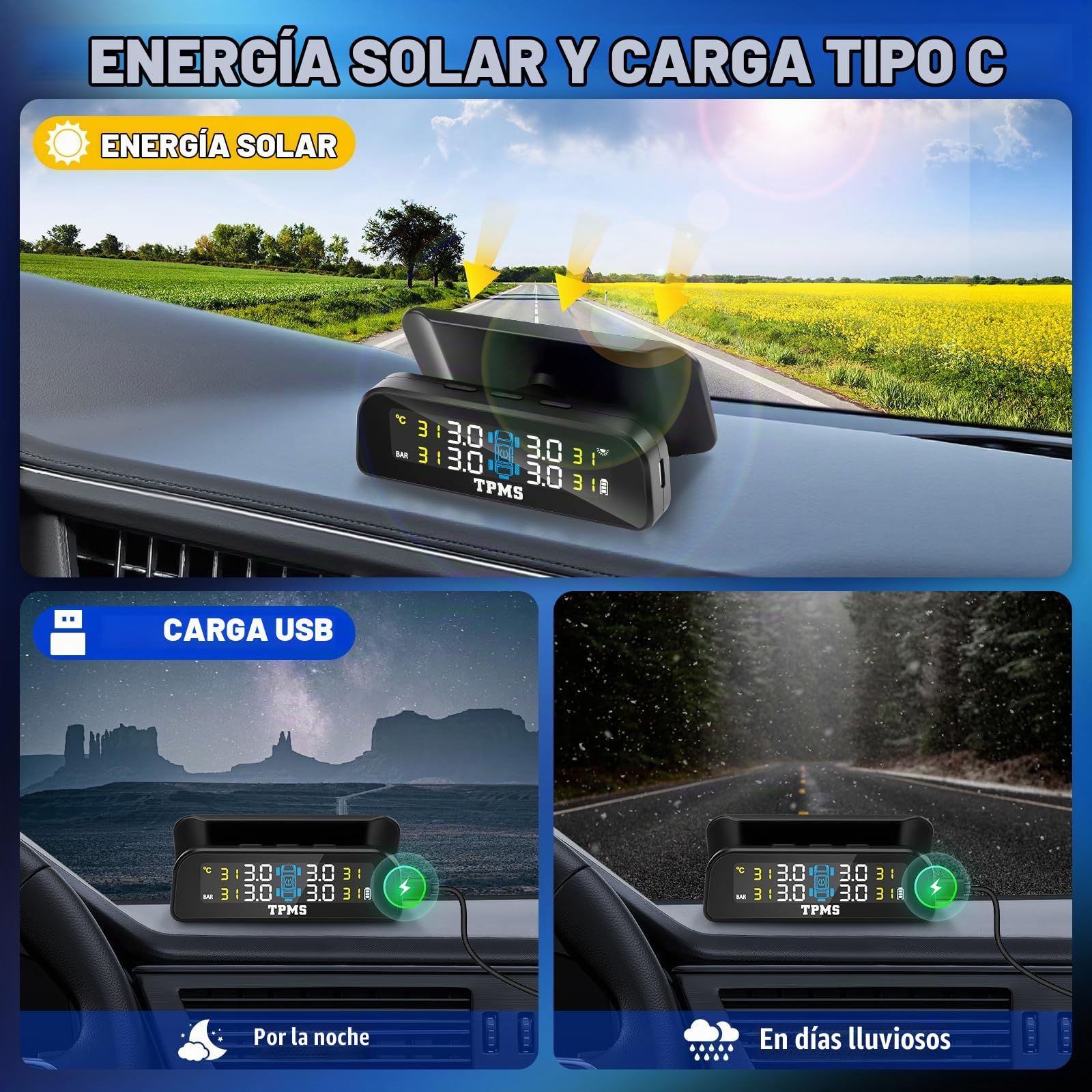 0-3.5Bar Sistema de Monitoreo de Presión de Neumáticos TPMS Solar Inalámbrico y Carga USB, 5 Modos de Alarma 4Sensor Externo de Presión de Neumáticos，para Auto SUV Camionetas