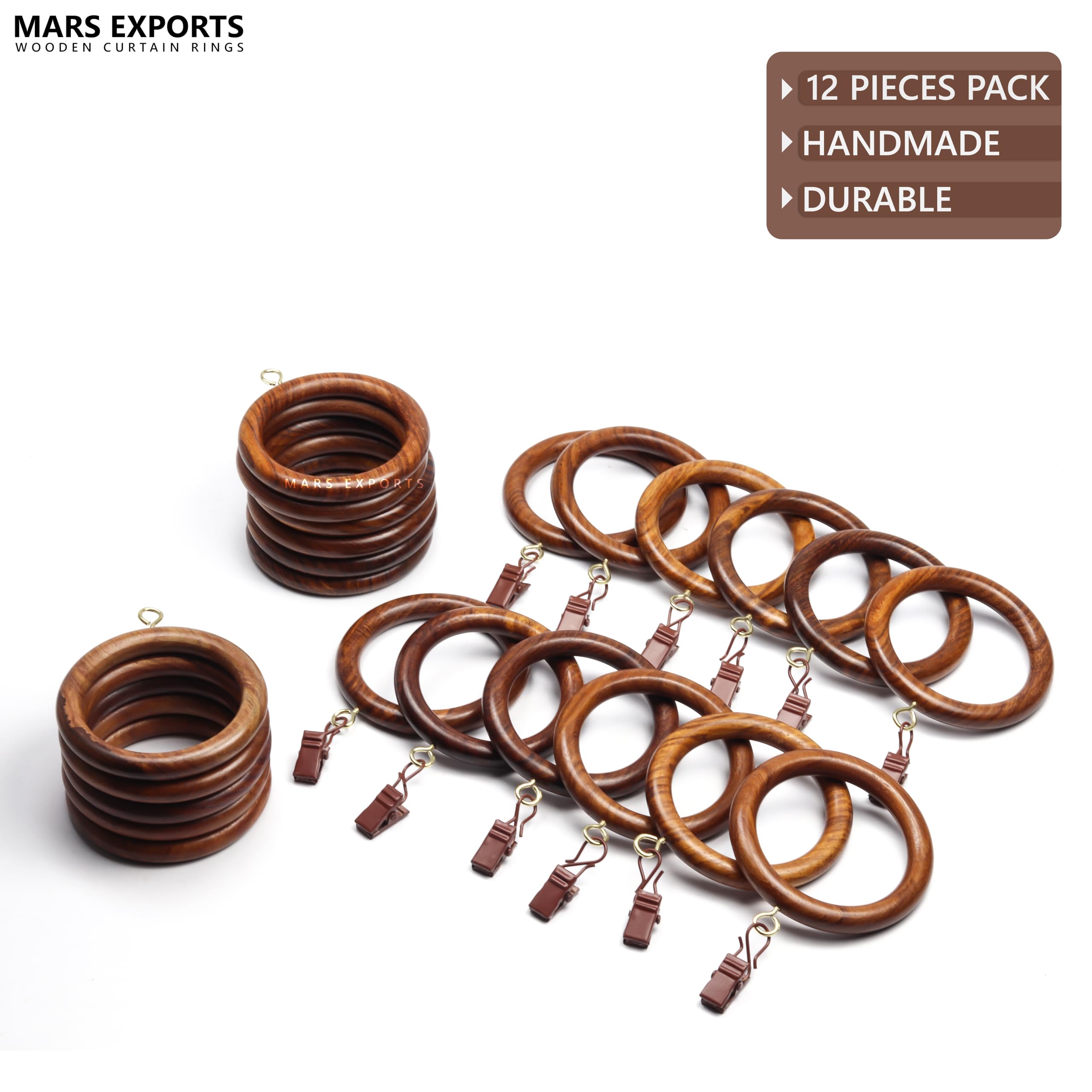 Farmhouse Wood Curtain Rings With Clips - Beechwood Drapery Hooks, 1.81 Inch Inner Diameter (Set Of 12)