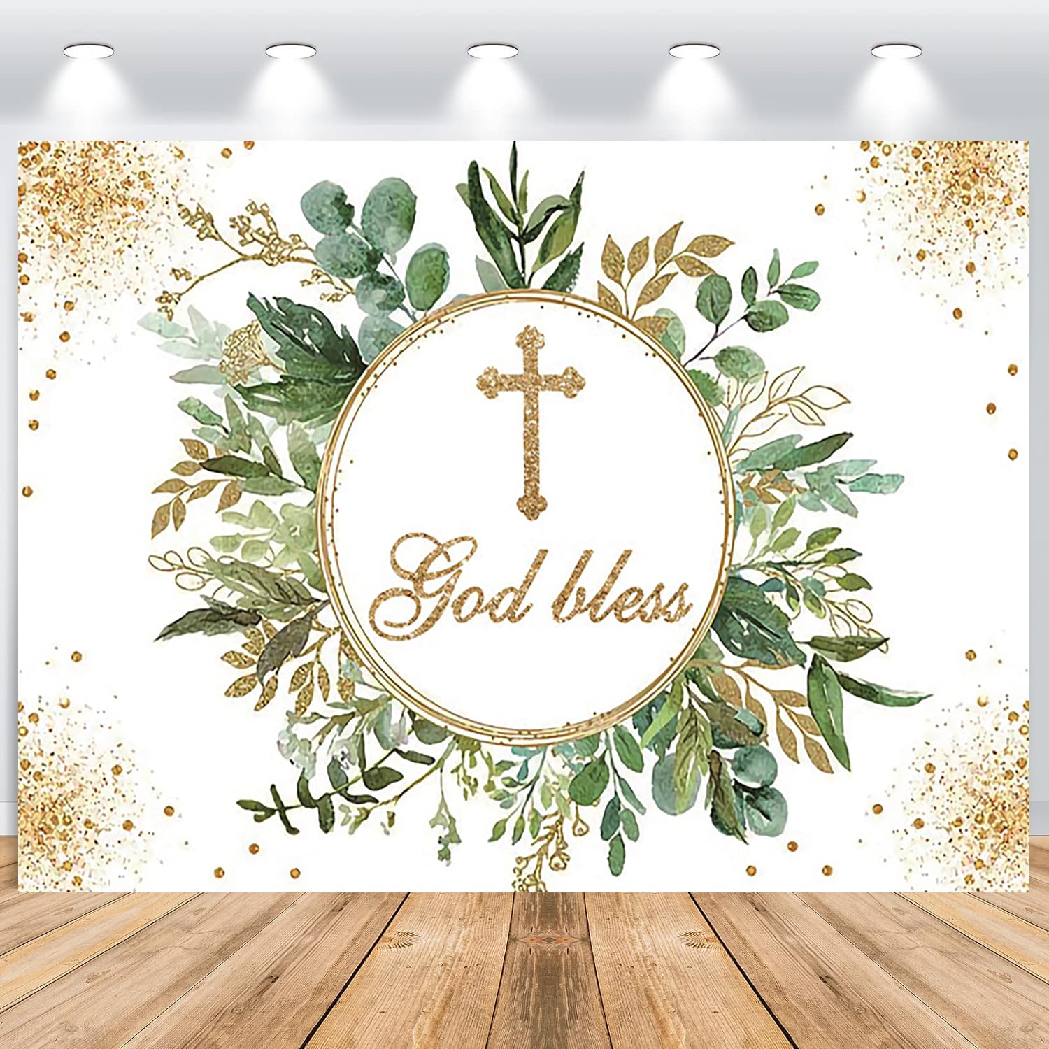 Fondo de Primera Comunión 3,6x2,5m, Dios Bendiciendo Hojas Verdes Doradas Comunión Vinilo Fotografía Telón de Fondo Banner para Niña Niño Primera Comunión Bautismo Fiesta Decoración