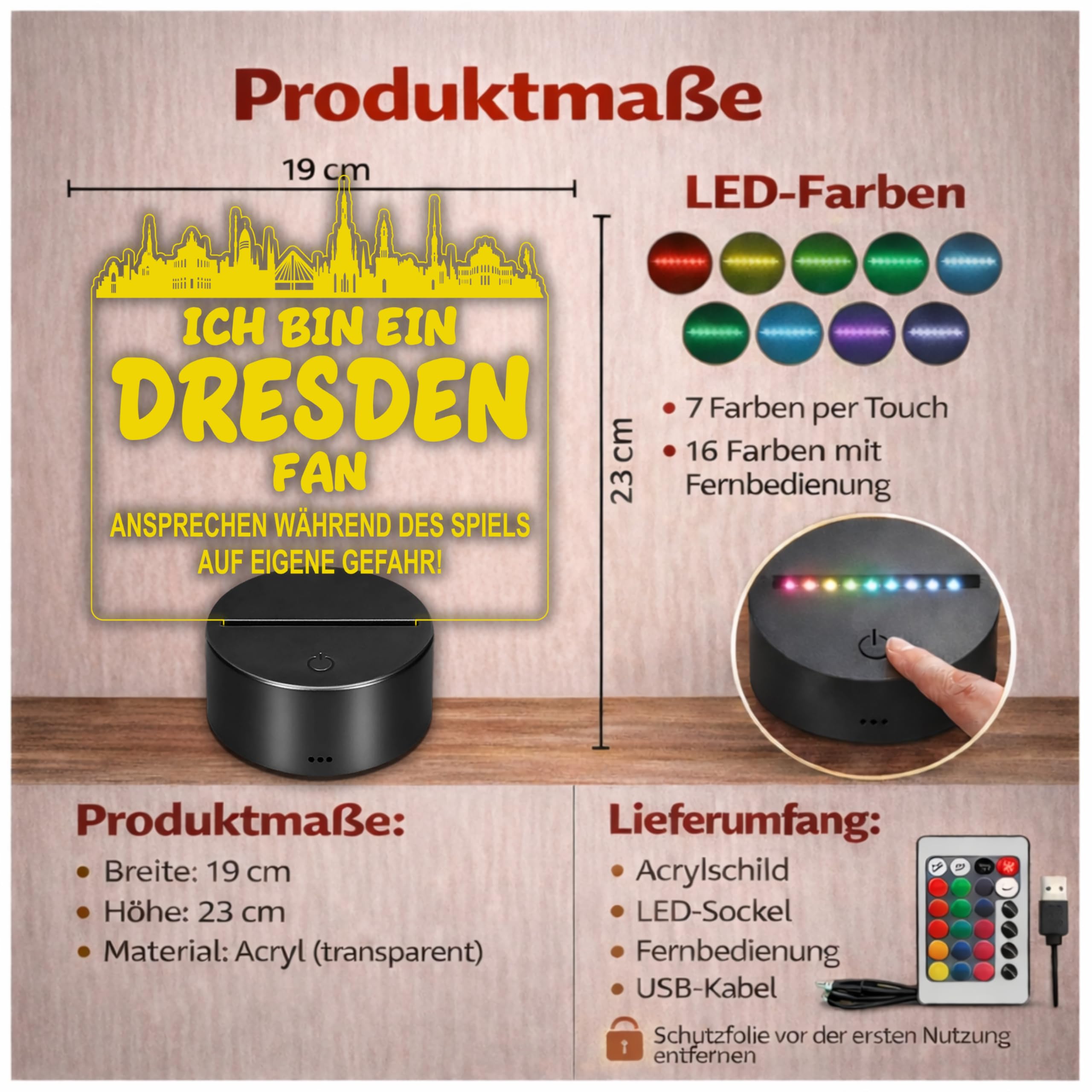 Lieblingsmensch Dresden Fan Fußball LED Nachtlicht – 3D Skyline Design „Ansprechen auf eigene Gefahr“ – RGB Farbwechsel mit Fernbedienung & Touch – Stimmungslicht für die Man Cave – 19x23cm