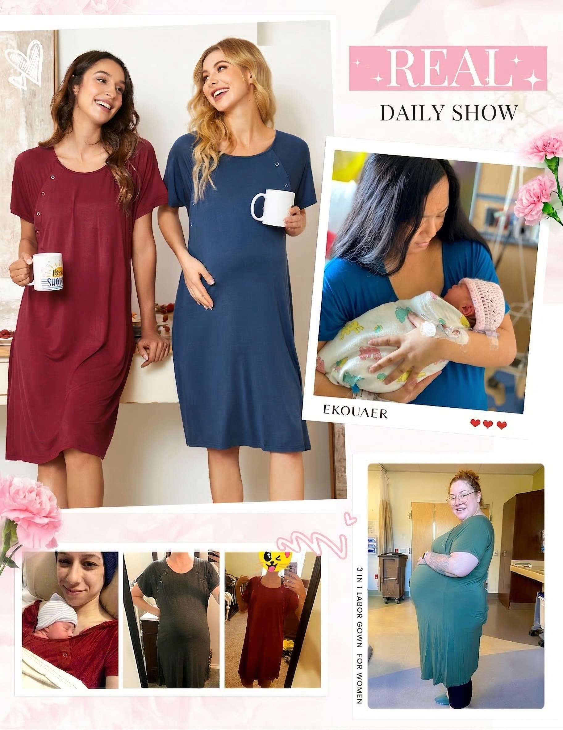 Ekouaer - Camicia da notte da donna per allattamento/parto/travaglio/ospedale, camicia da notte a maniche corte per maternità, camicia da notte con bottone S-XXL